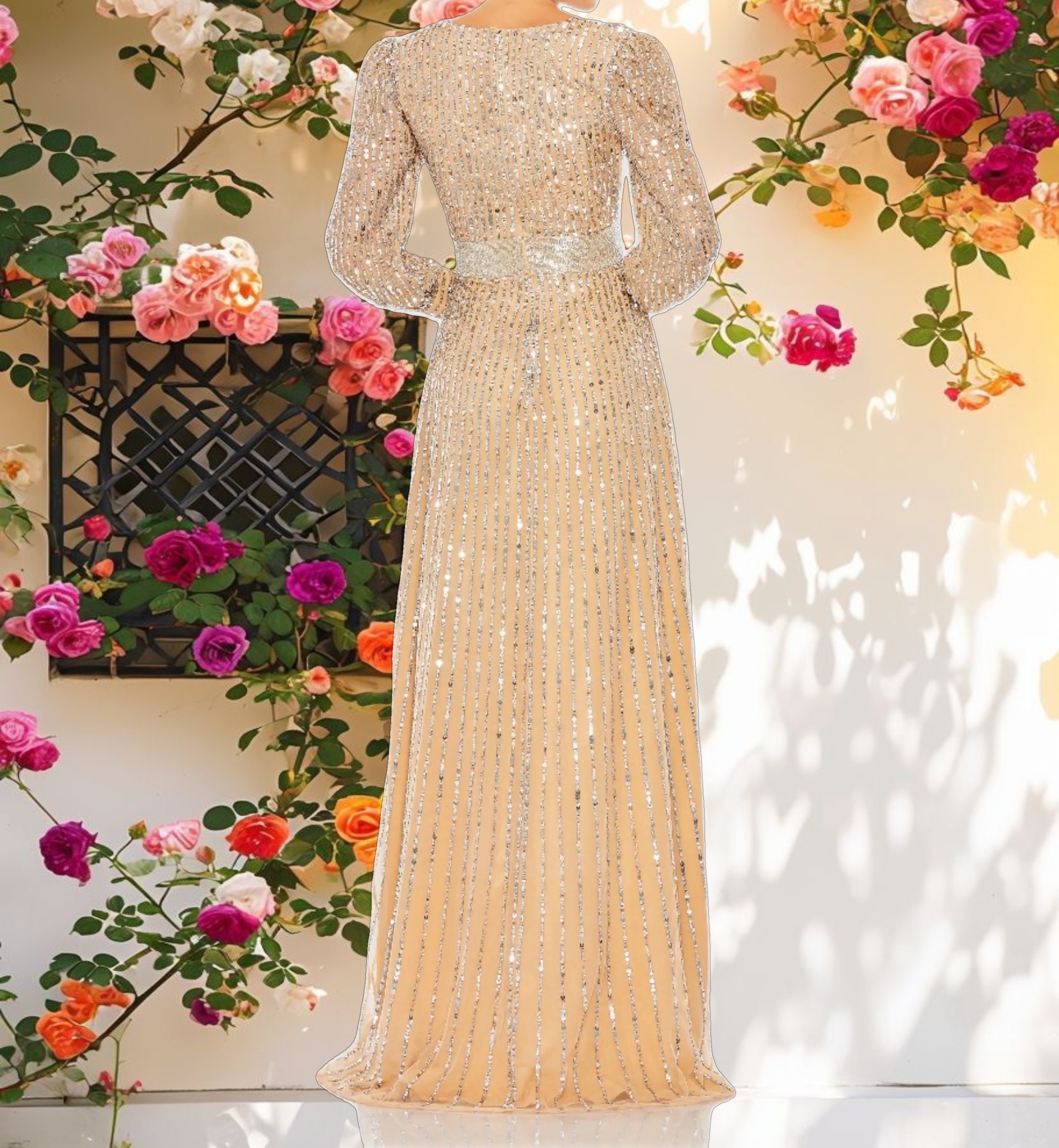 Beige Sequined Wrap Over Bishop Sleeve Gown