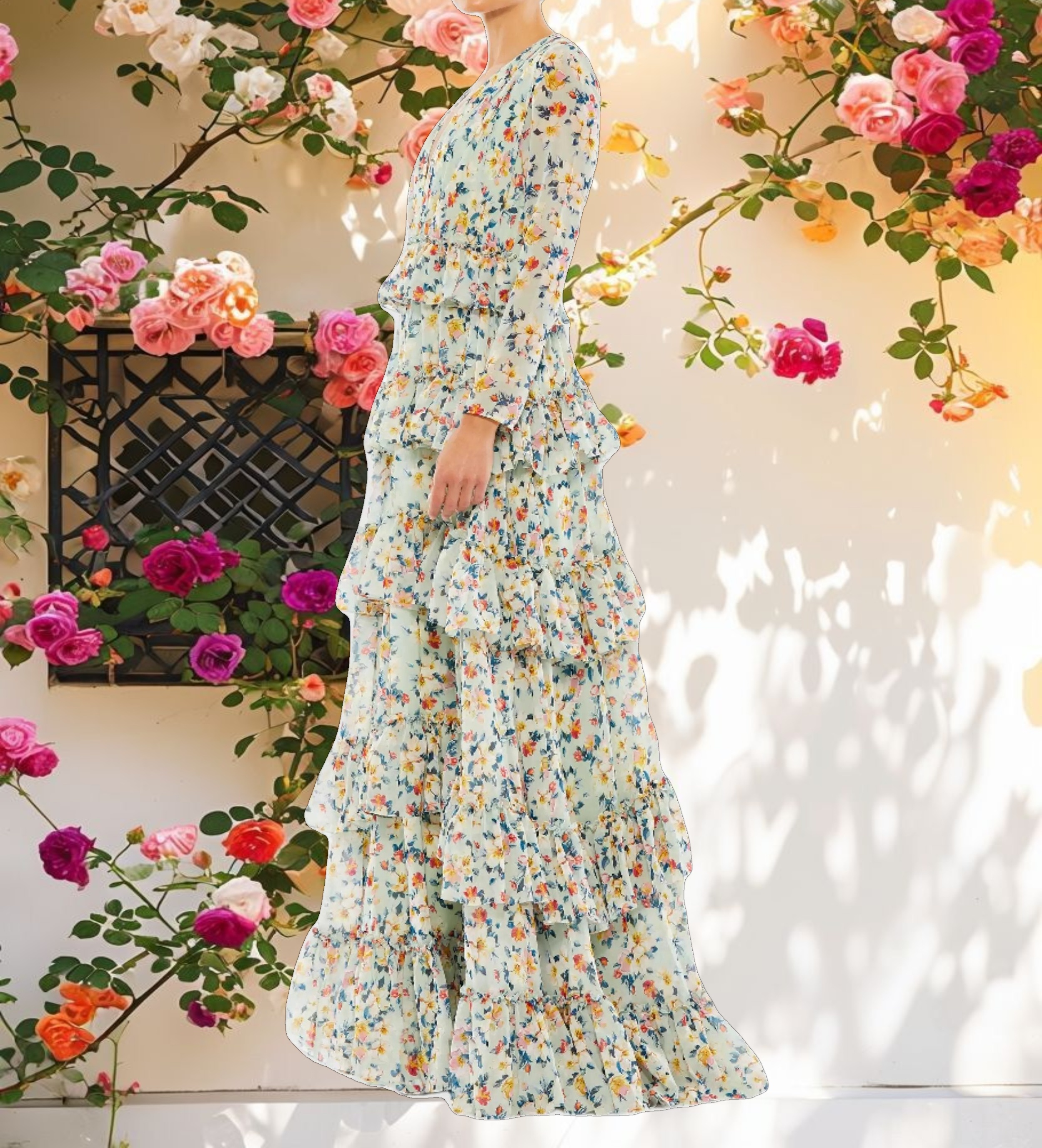 Floral Printed Tiered Ruffle Long Sleeve Gown