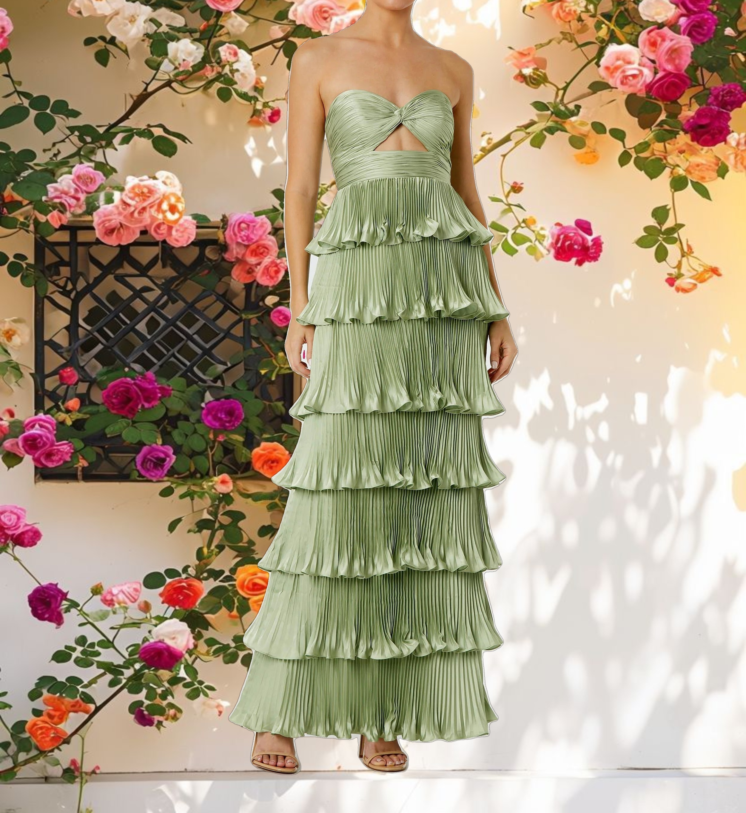 Green Pleated Charmeuse Strapless Tiered Ruffle Gown