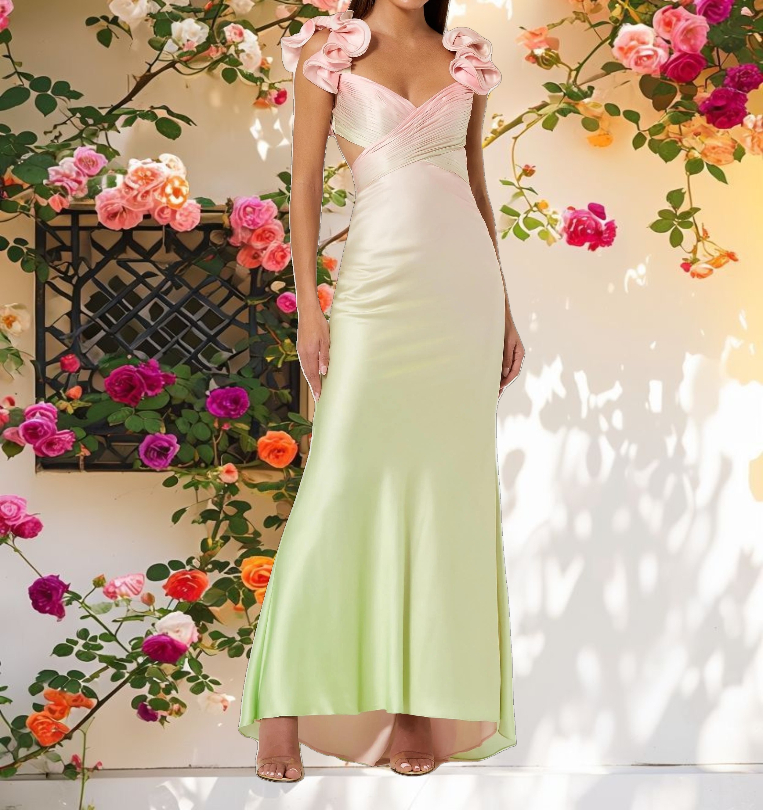 Pink and Green Charmeuse Ruffle Strap Crossover Ombre Gown