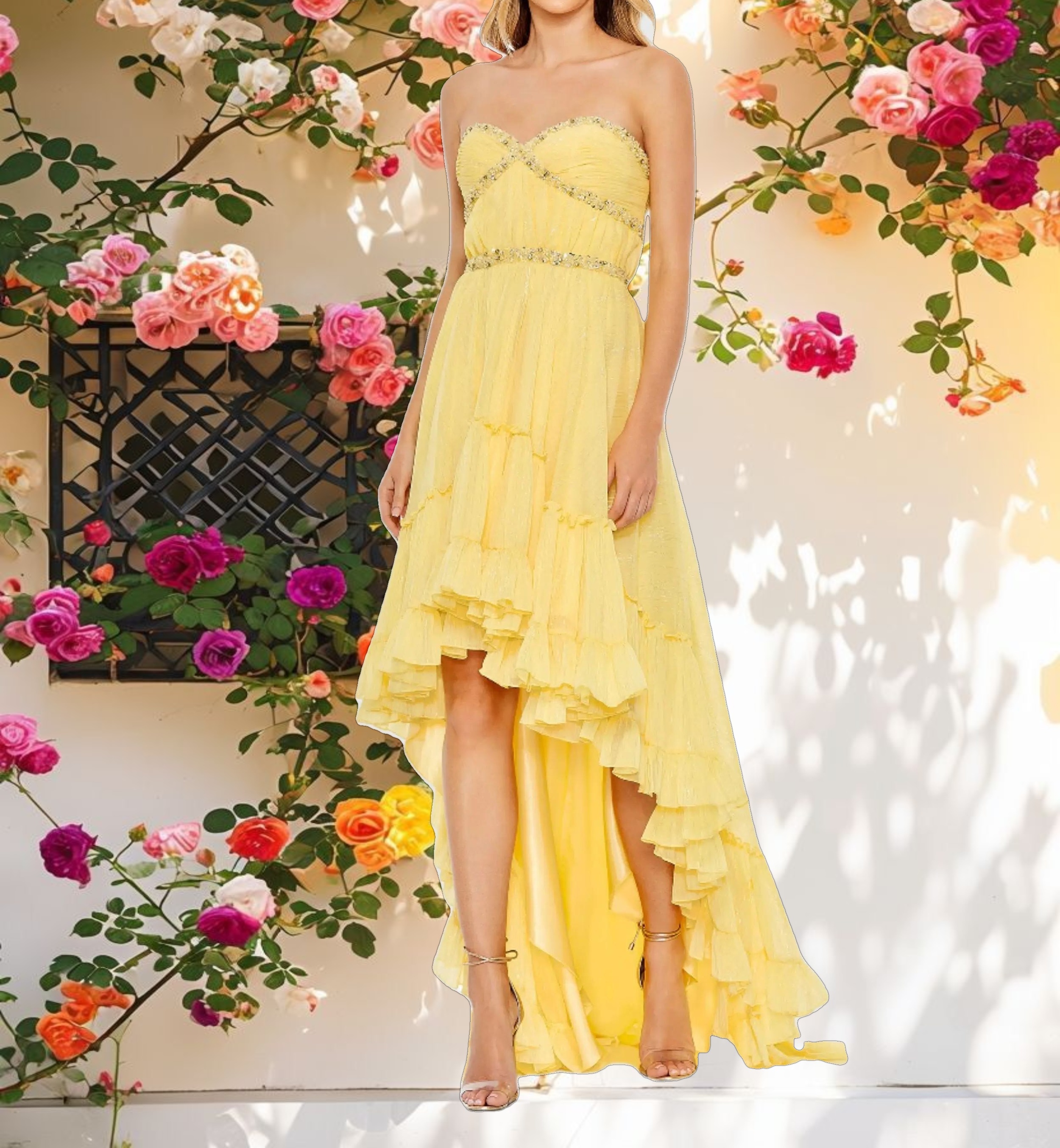 Yellow Beaded Ruffle High Low Gown