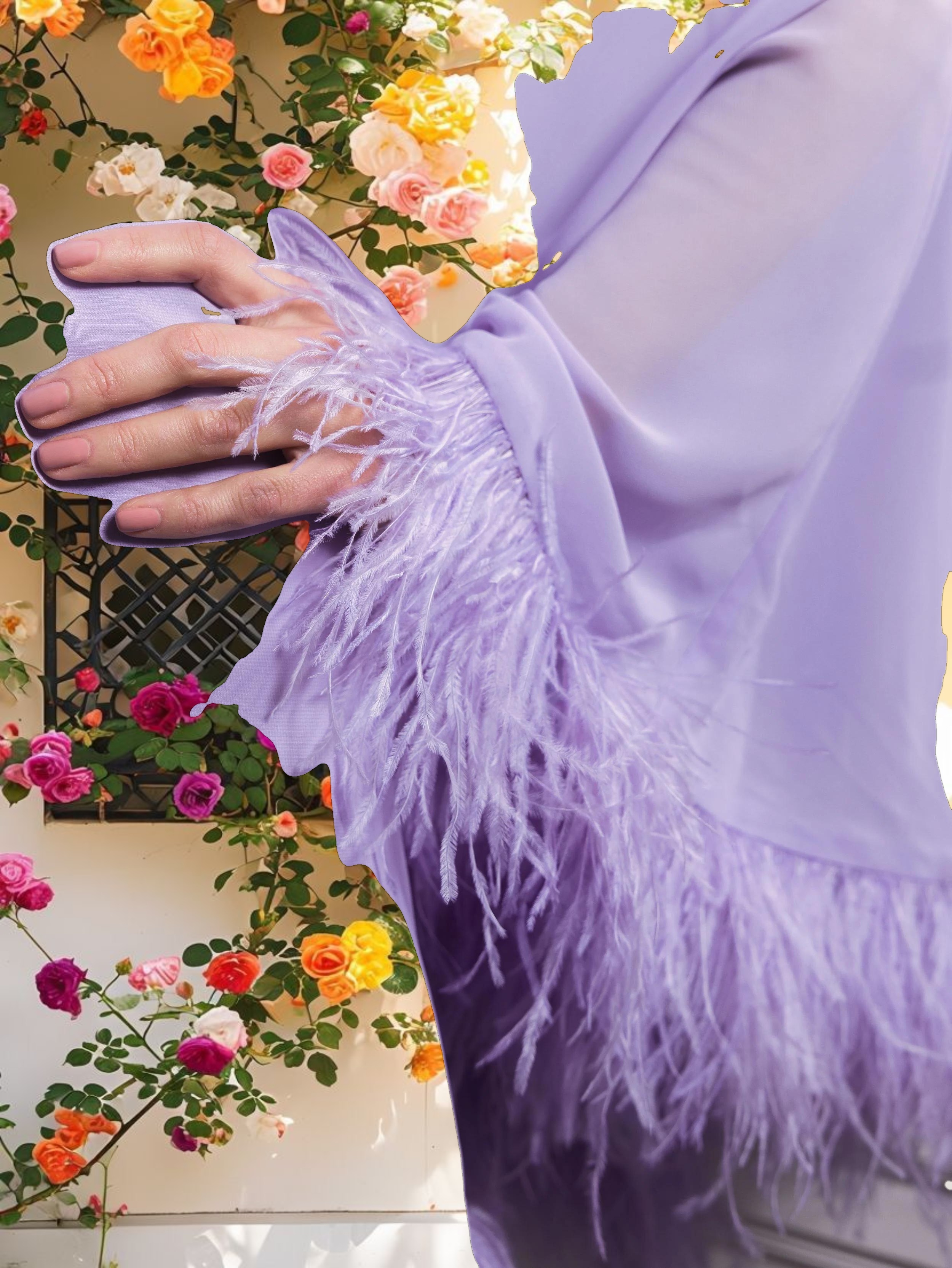 Purple One Shoulder Trapeze Dress with Feather Trim