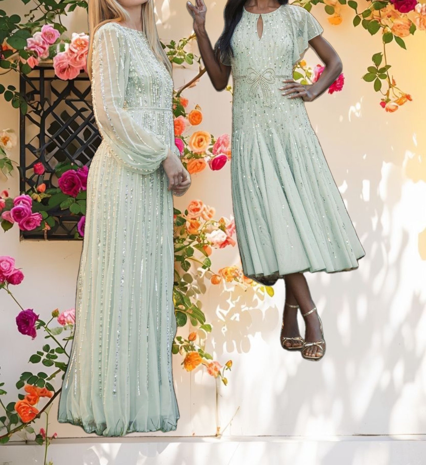 Green Embellished Bow Flutter Sleeve A Line Midi Dress