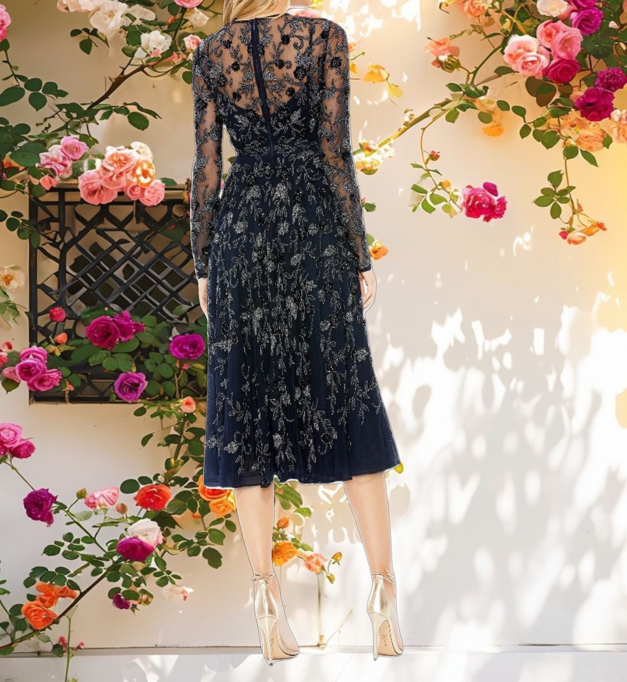 Blue Beaded Illusion High Neck Long Sleeve Gown