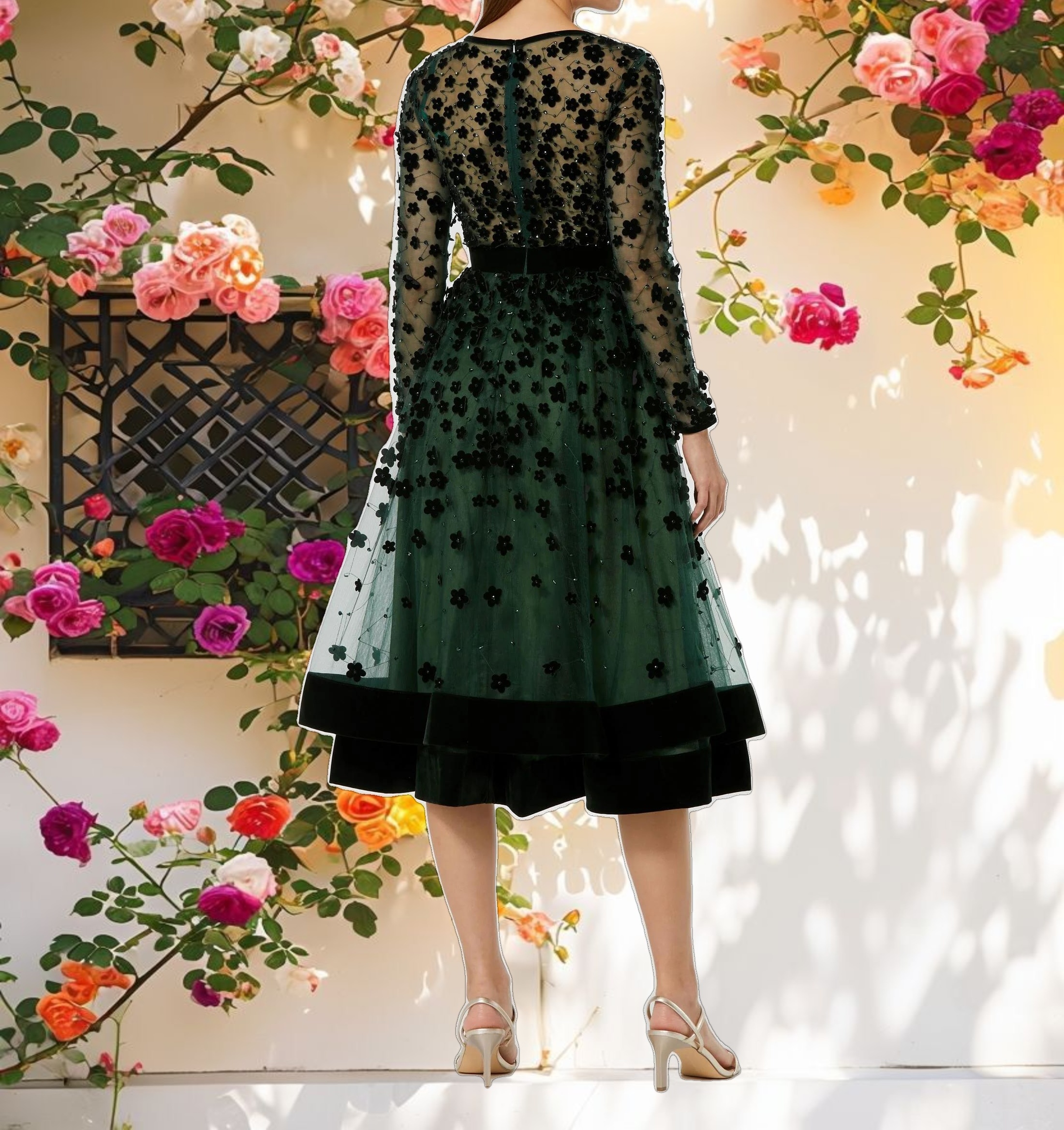 Green Decorated False Neck Long Sleeve Fit & Flare Dress