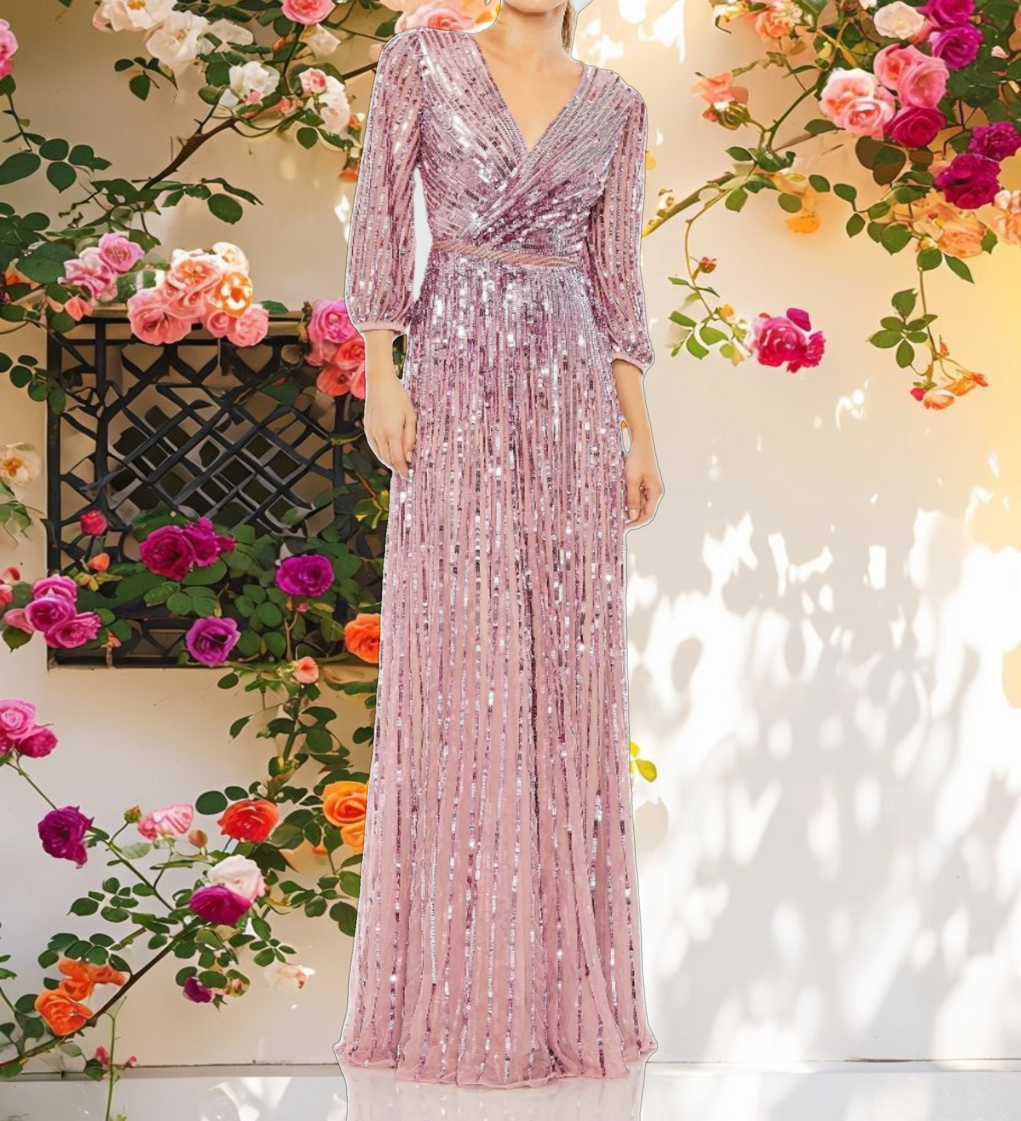 Purple Sequined Wrap Over 3/4 Sleeve Gown
