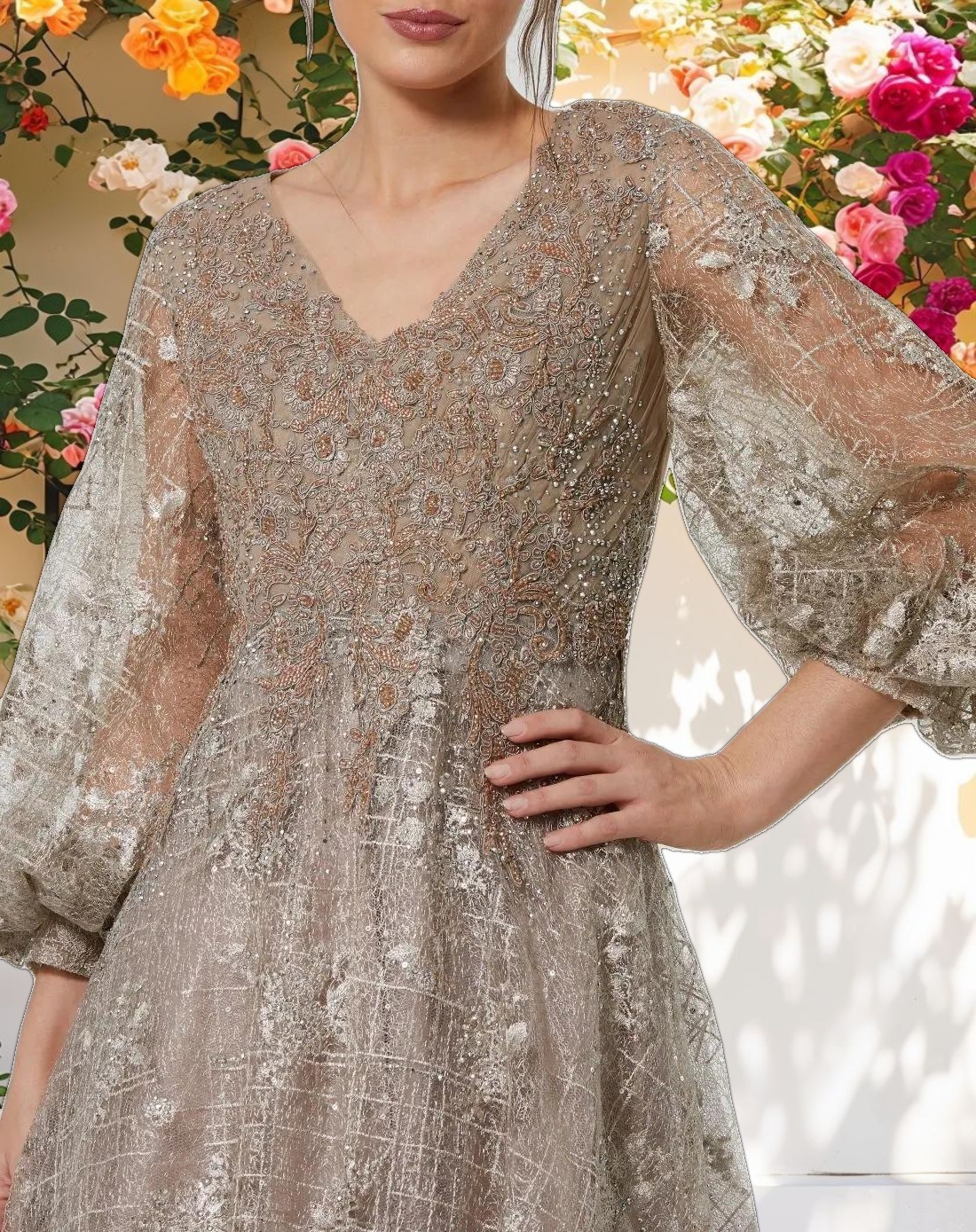 Beige Embellished Plunge Neck Puff Sleeve A Line Gown