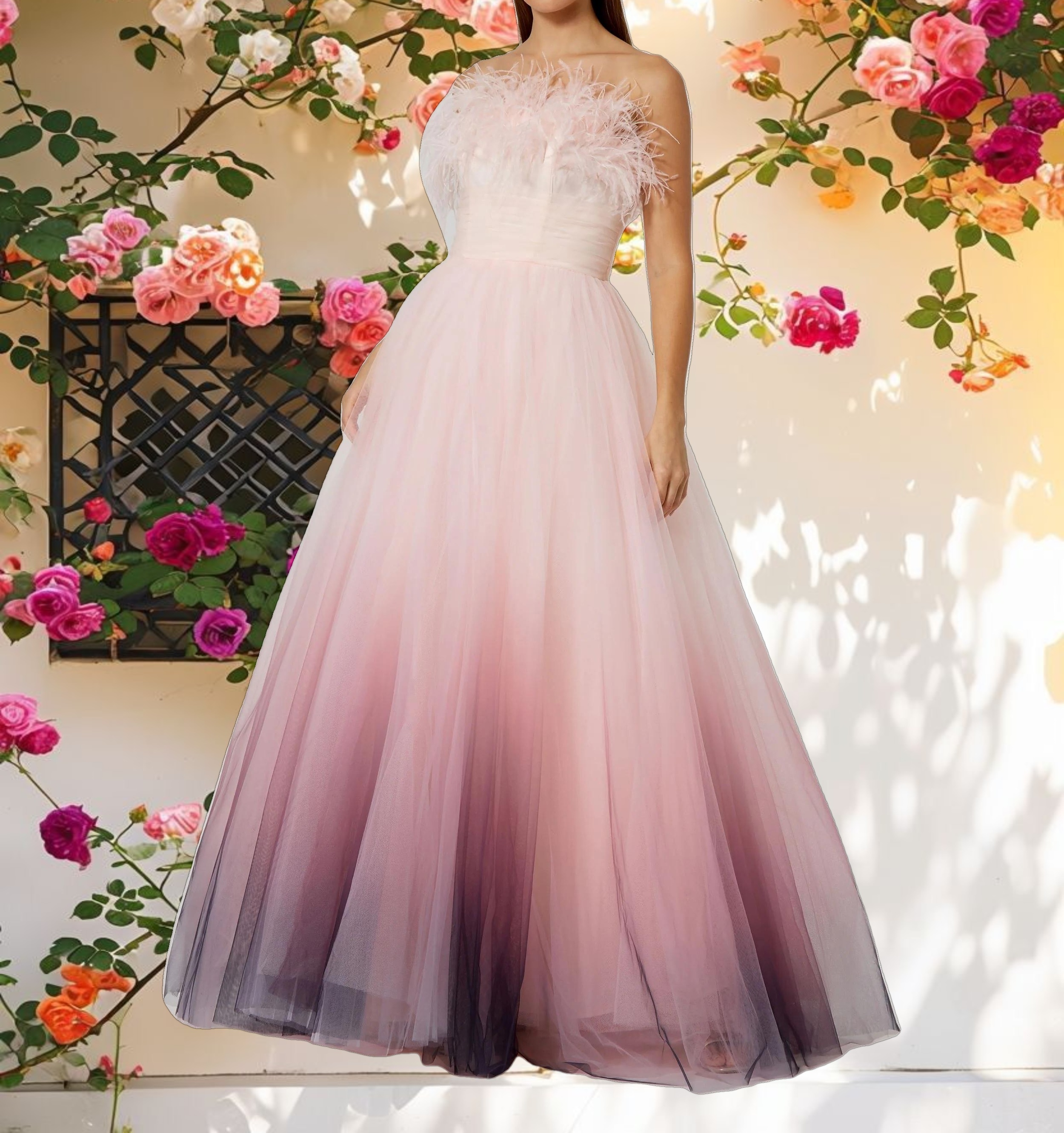 Pink Ombre Strapless Feather Bodice Tulle Gown