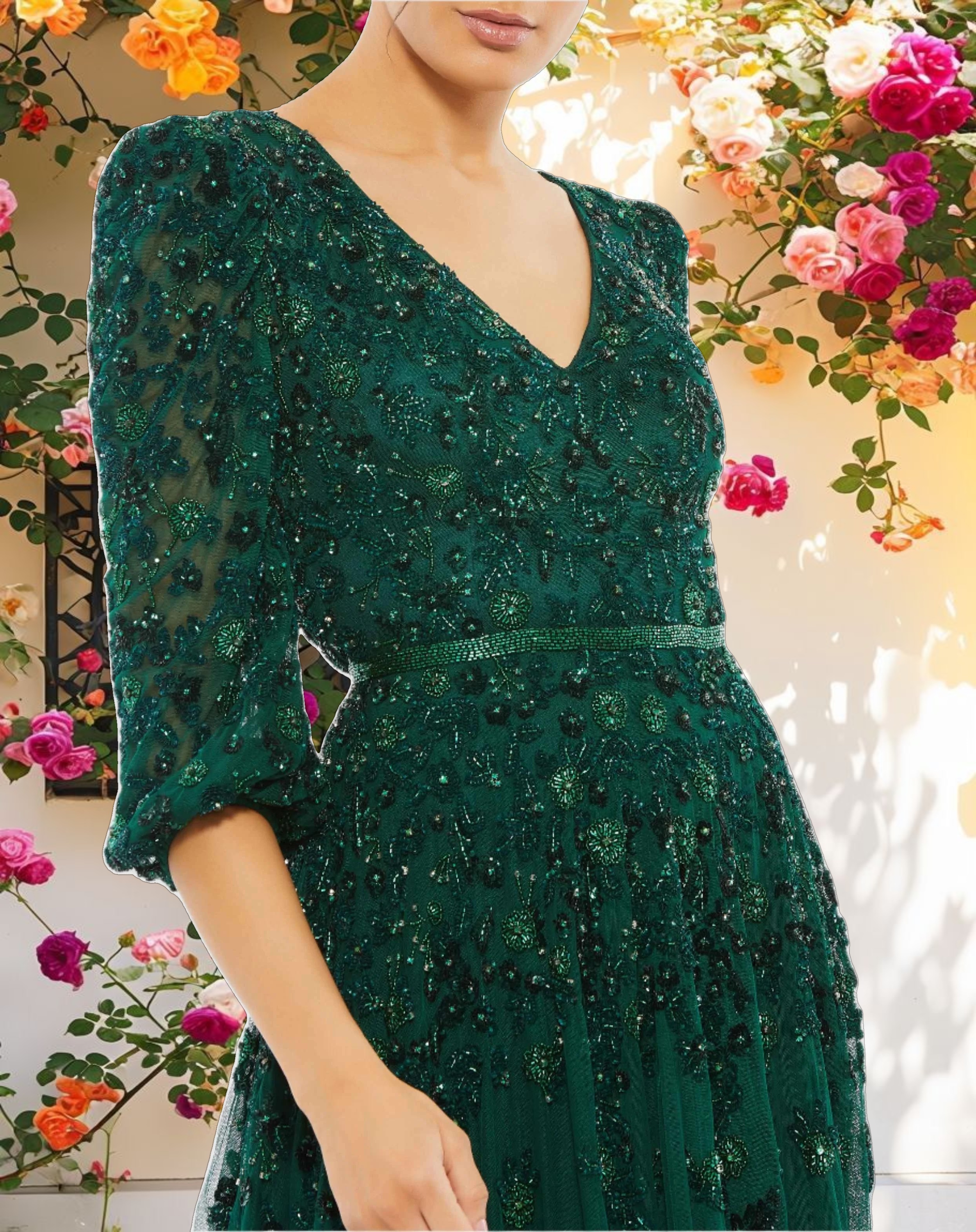 Green Embellished V Neck 3/4 Sleeve A Line Gown
