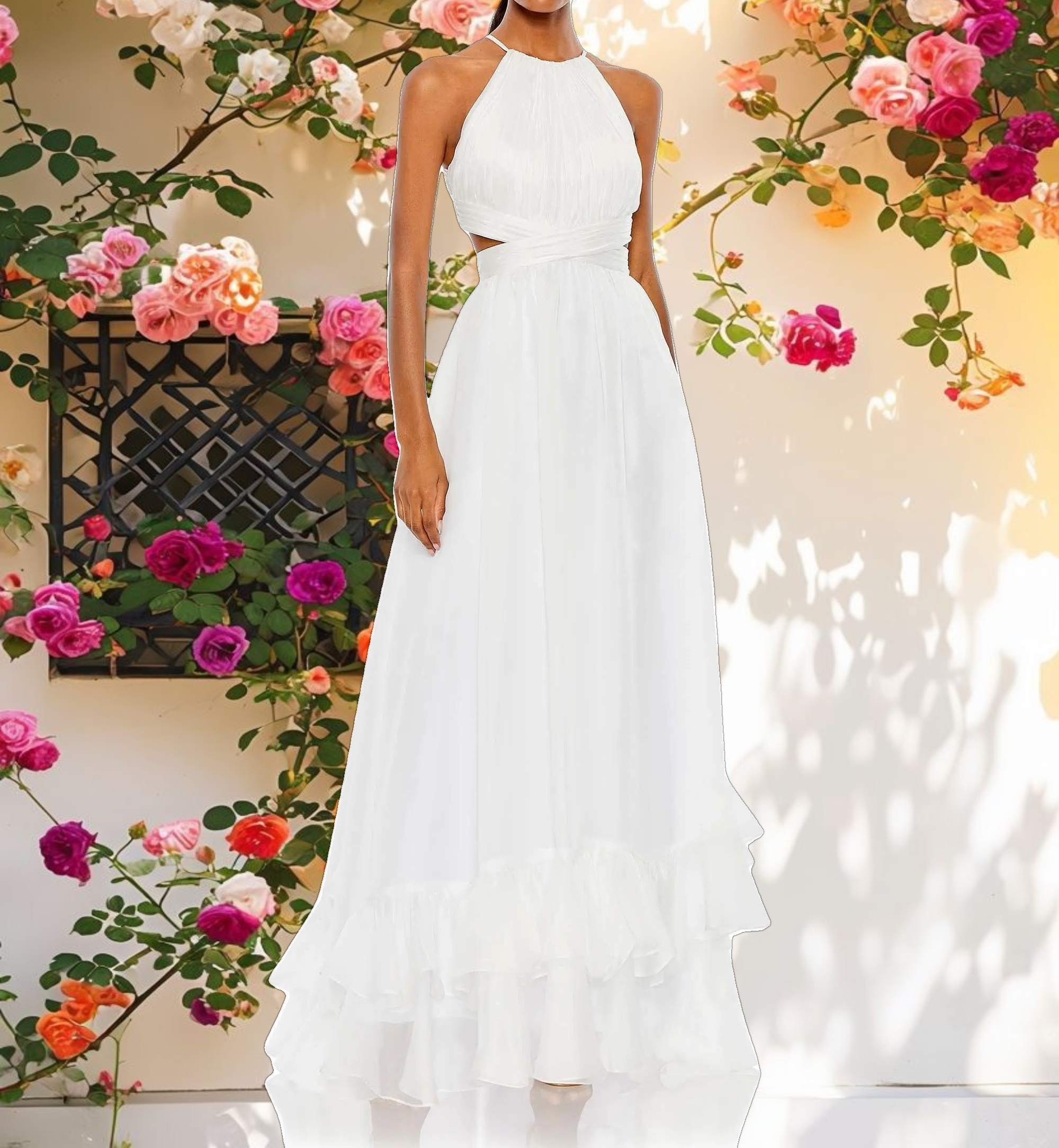 White Pleated Criss Cross Cut Out Halter Neck Gown