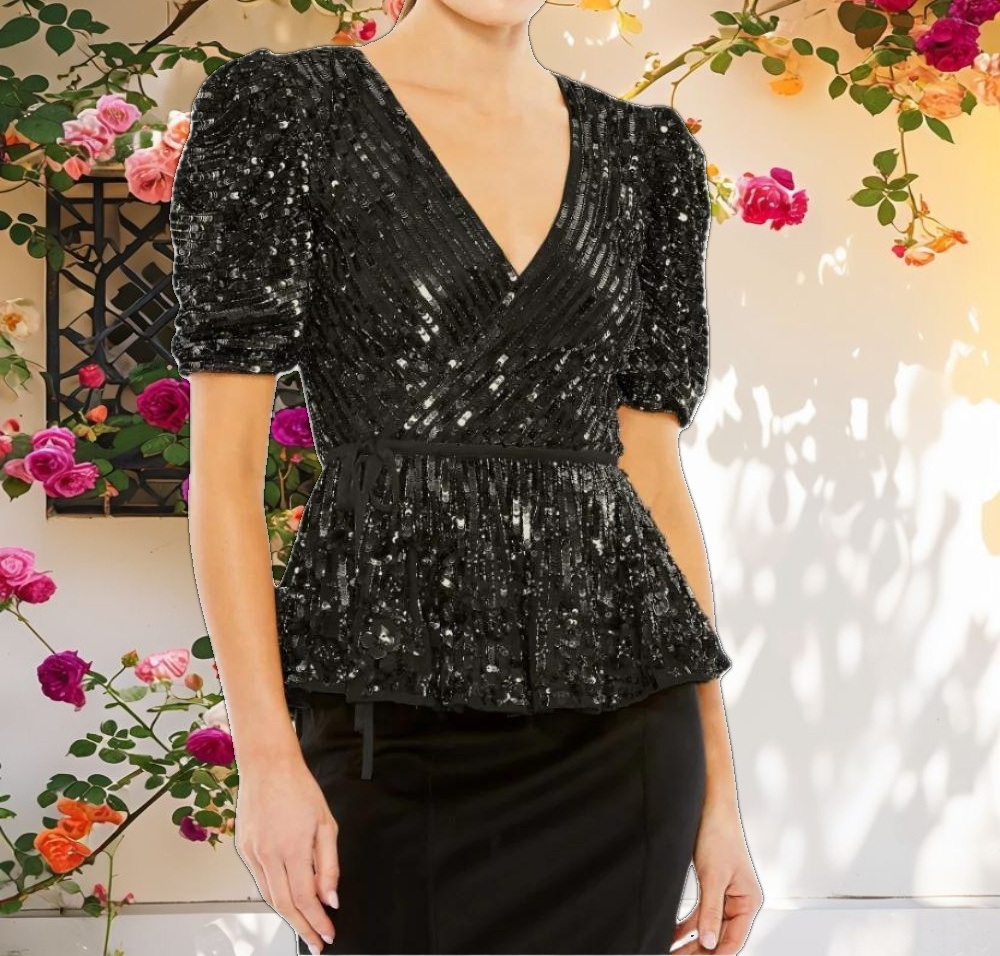 Black Sequined Puff Sleeve Faux Wrap Top