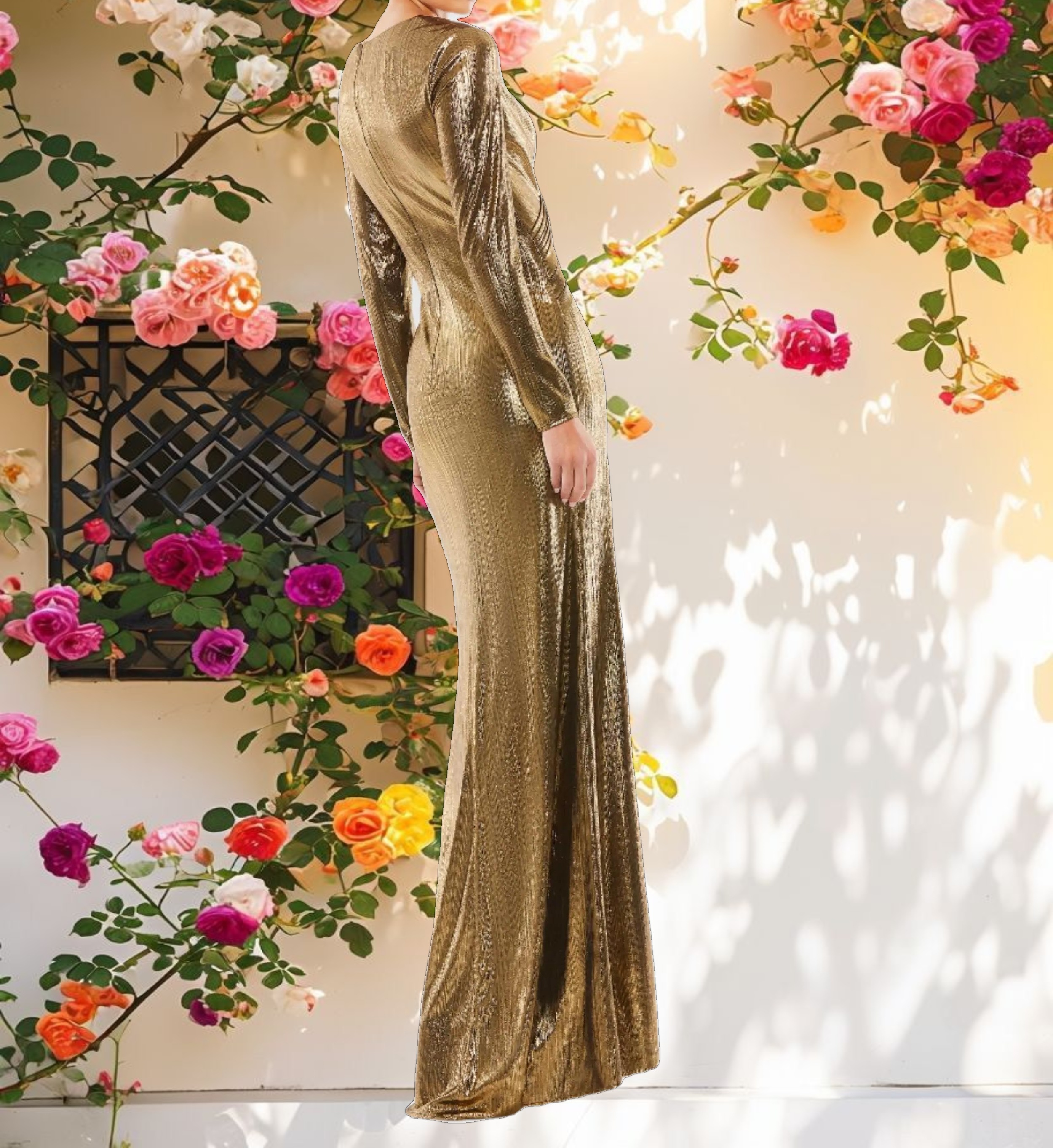 Metallic Long Sleeve Asymmetrical Ruched Gown