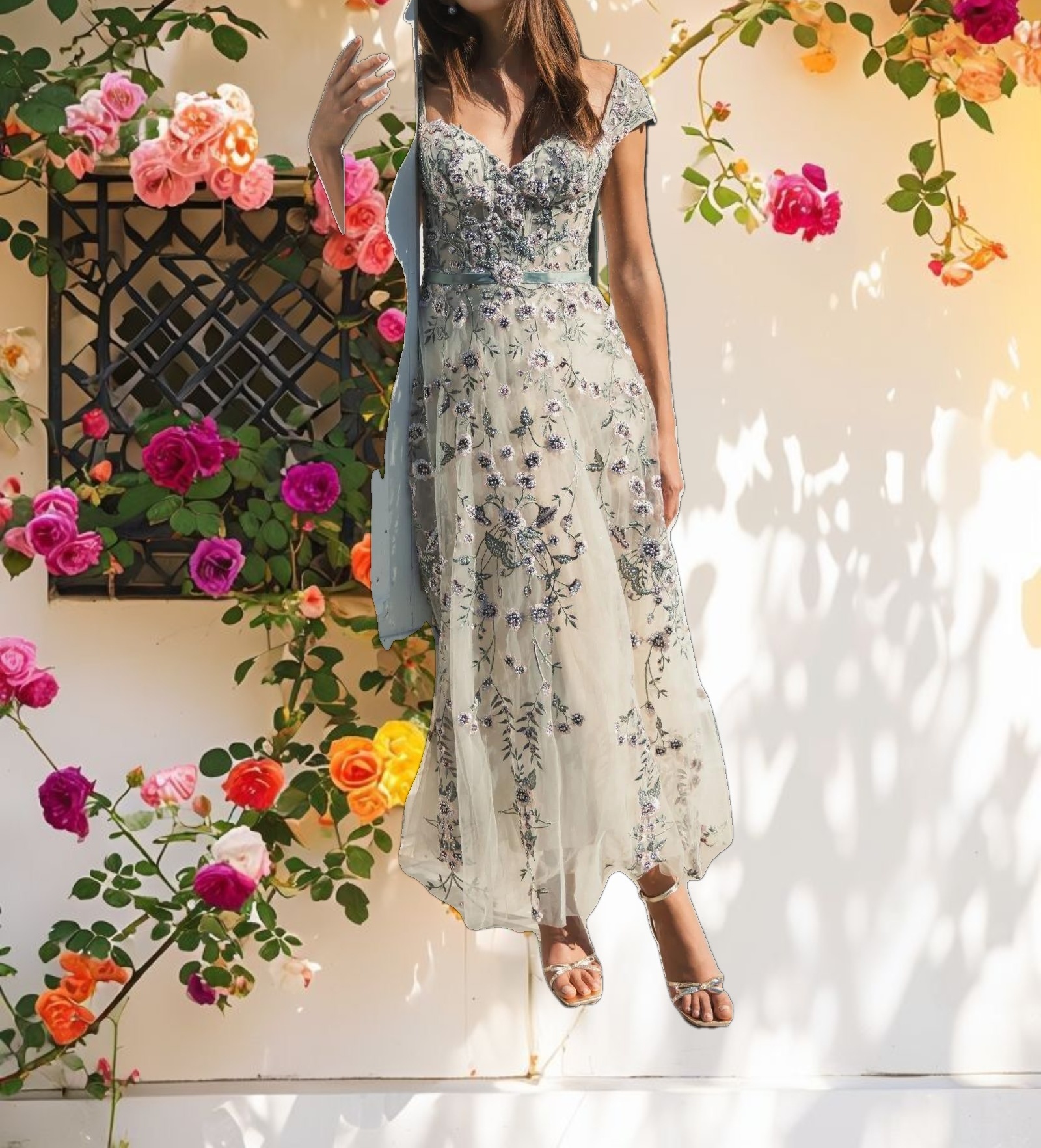 Floral Embroidered Sweetheart Midi Dress