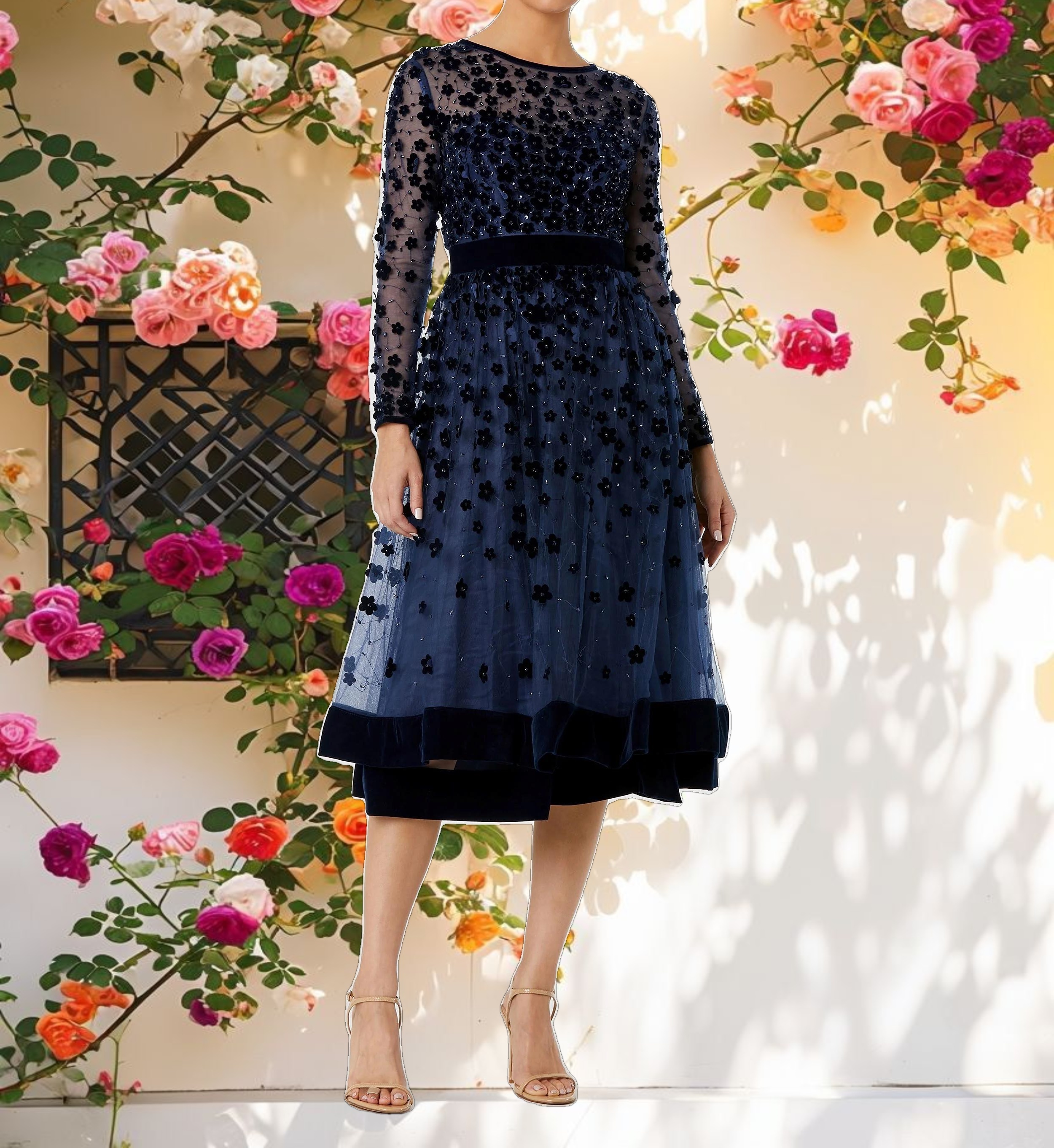 Navy Embellished Illusion High Neck Long Sleeve Fit & Flare Dress