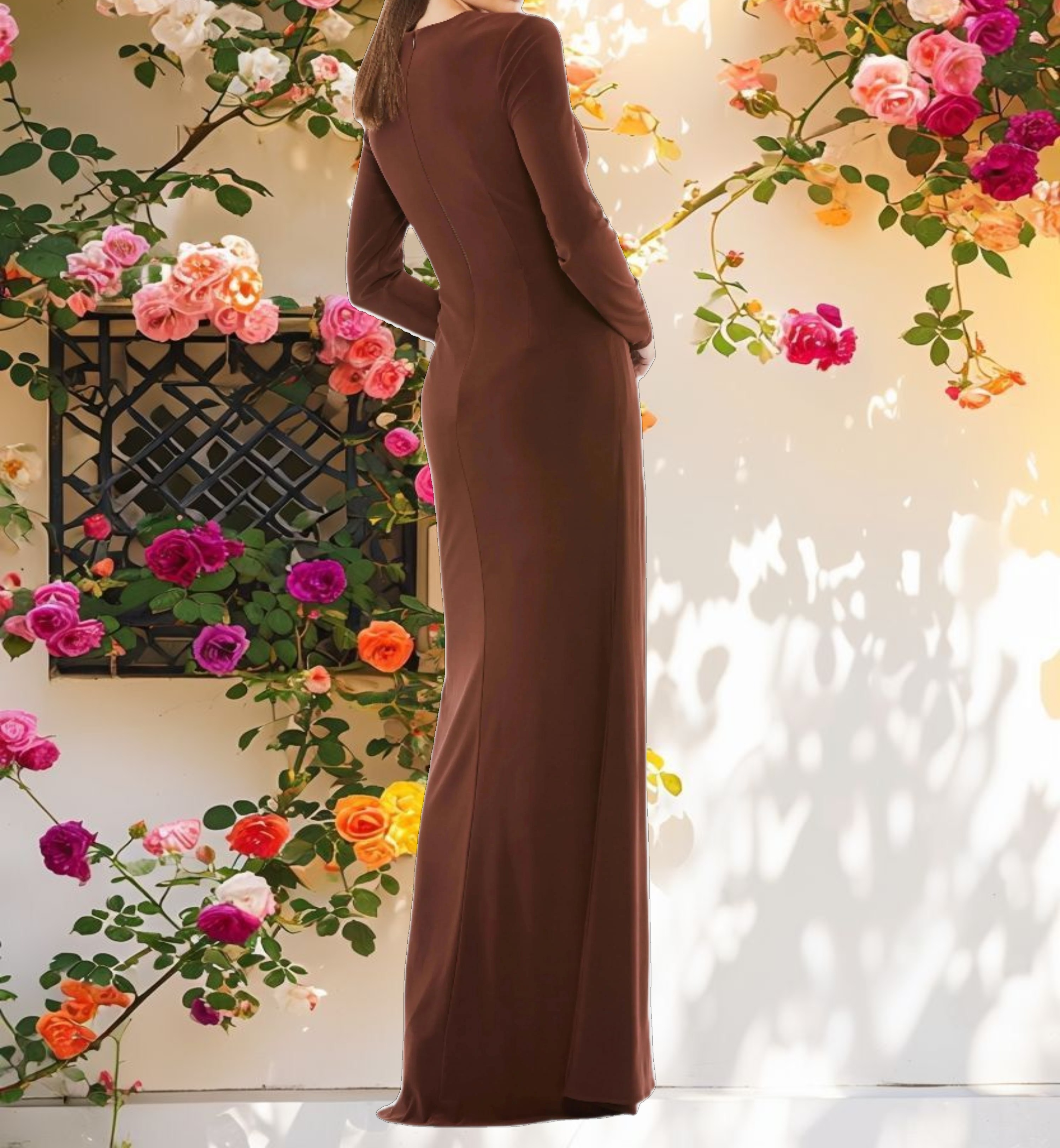 Brown Long Sleeve Keyhole Draped Gown
