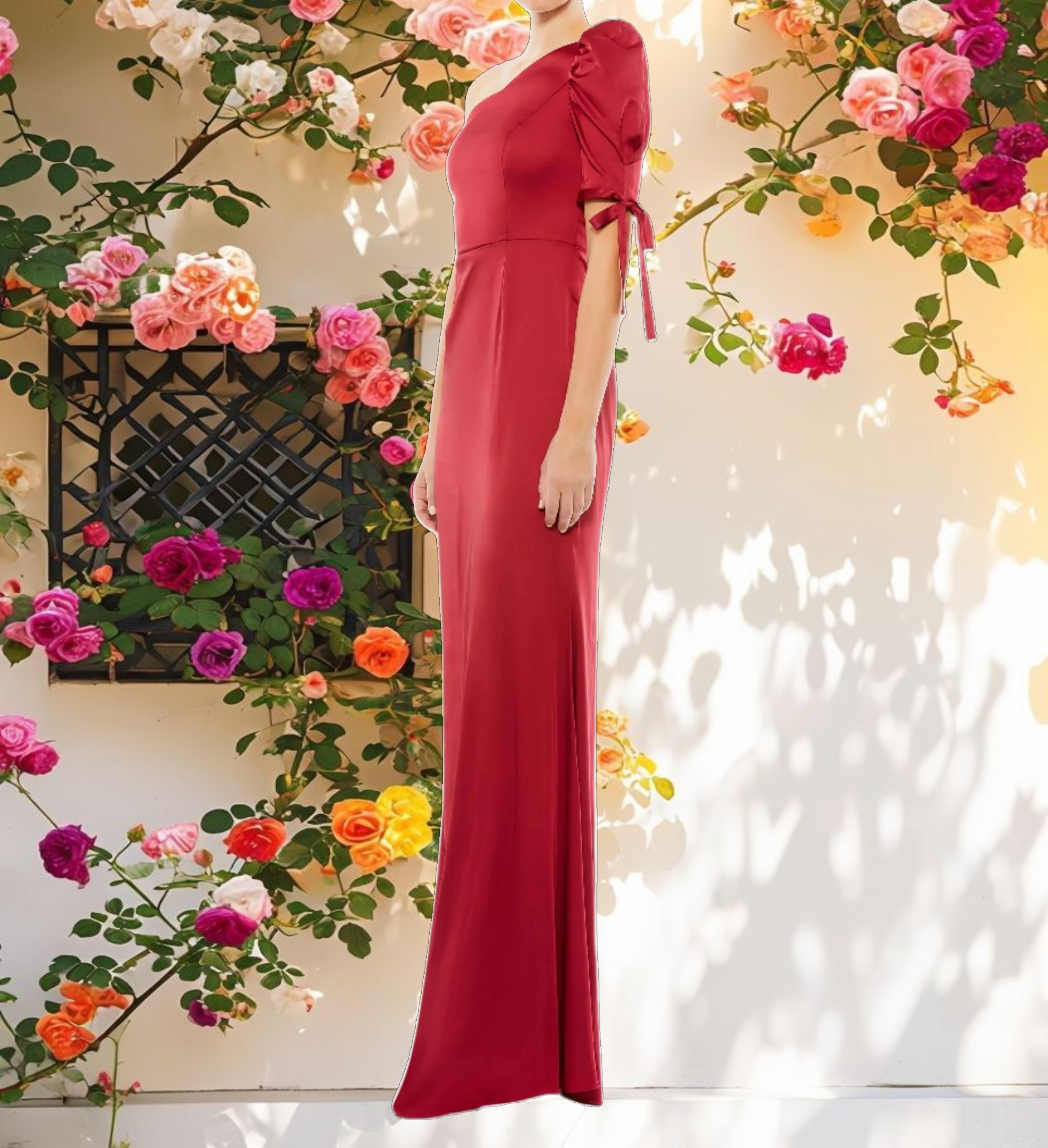 Red Satin One Shoulder Puff Sleeve Trumpet Gown