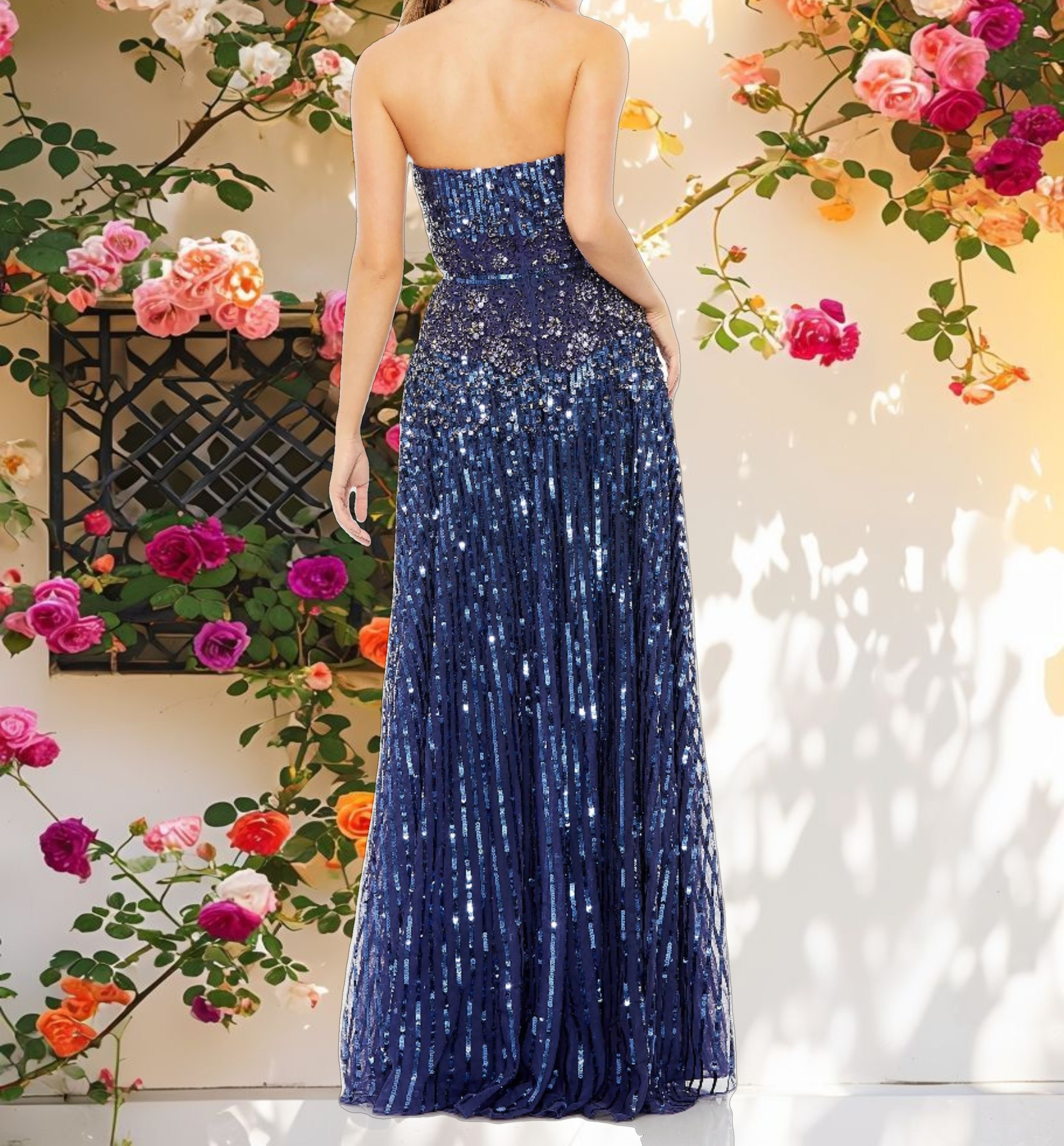 Navy Flowing Strapless Beaded A Line Gown
