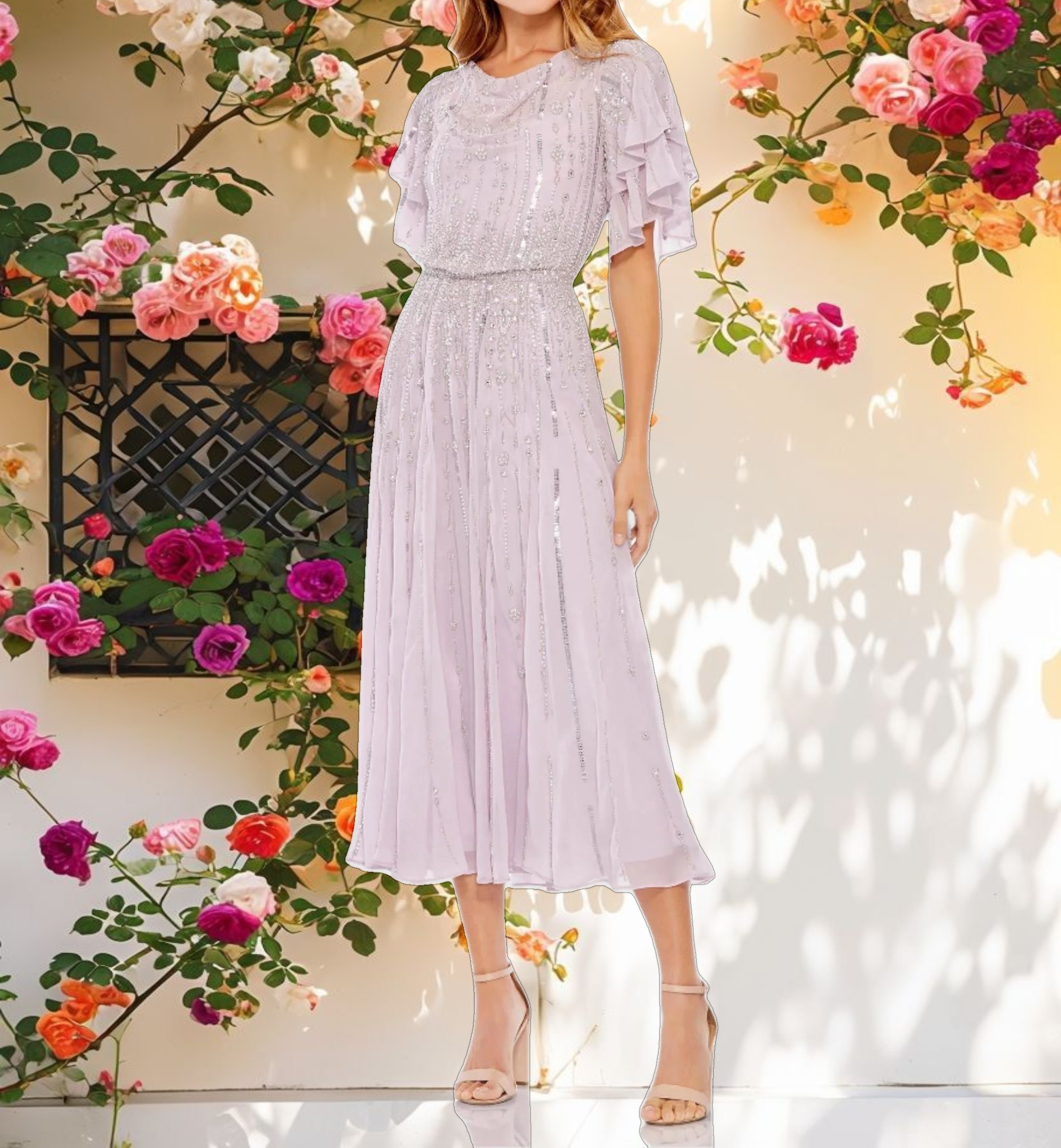 Purple High Neck Sequined Flutter Sleeve Midi Dress