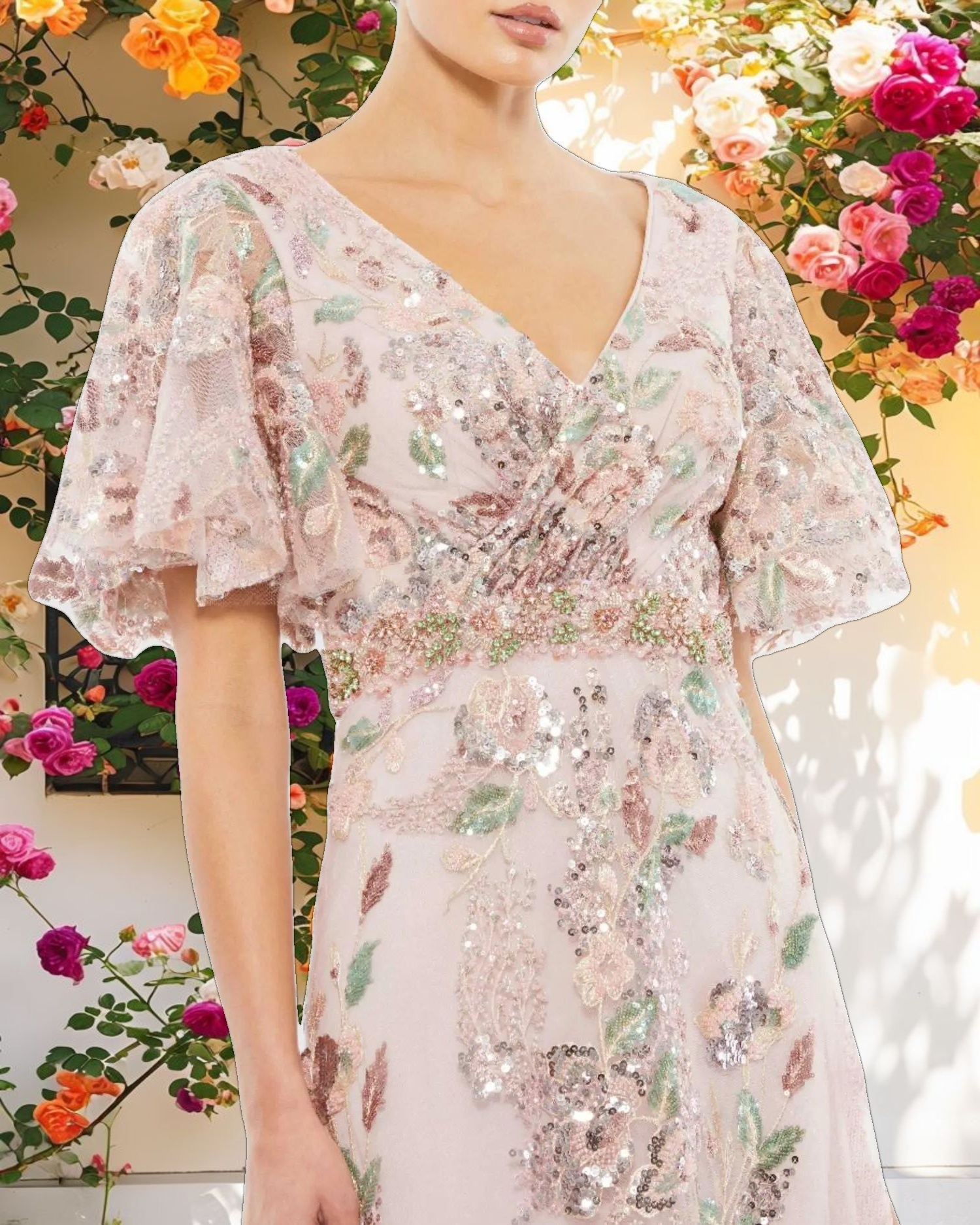 Pink Floral Embellished Short Sleeve Gown