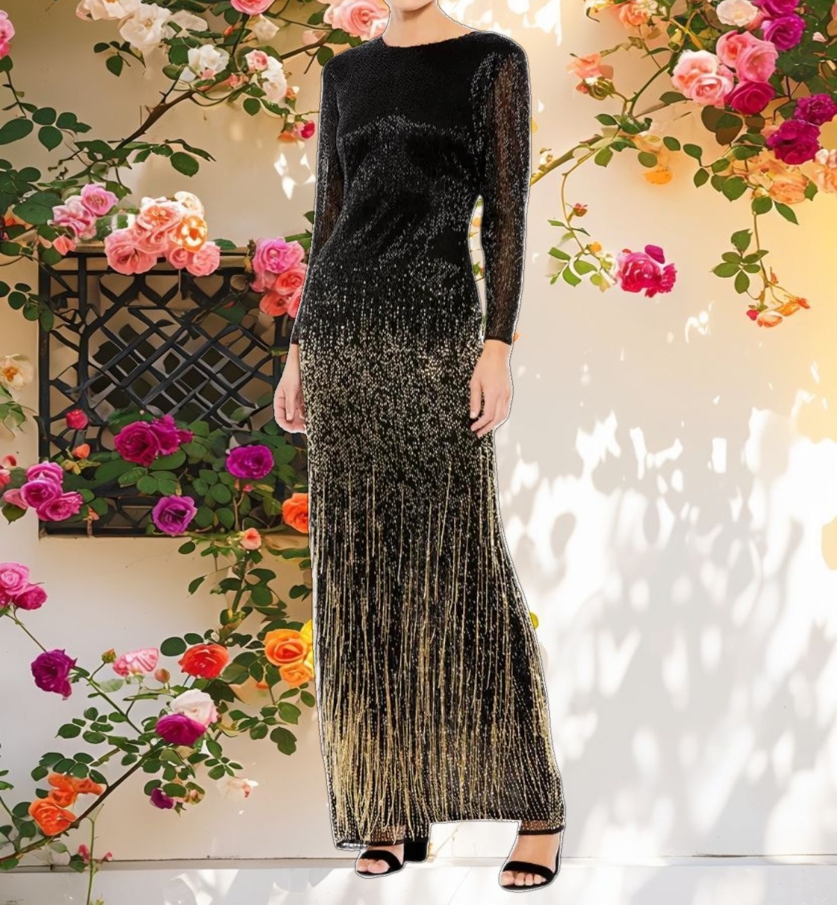 Long Sleeve Beaded Fringe Dress