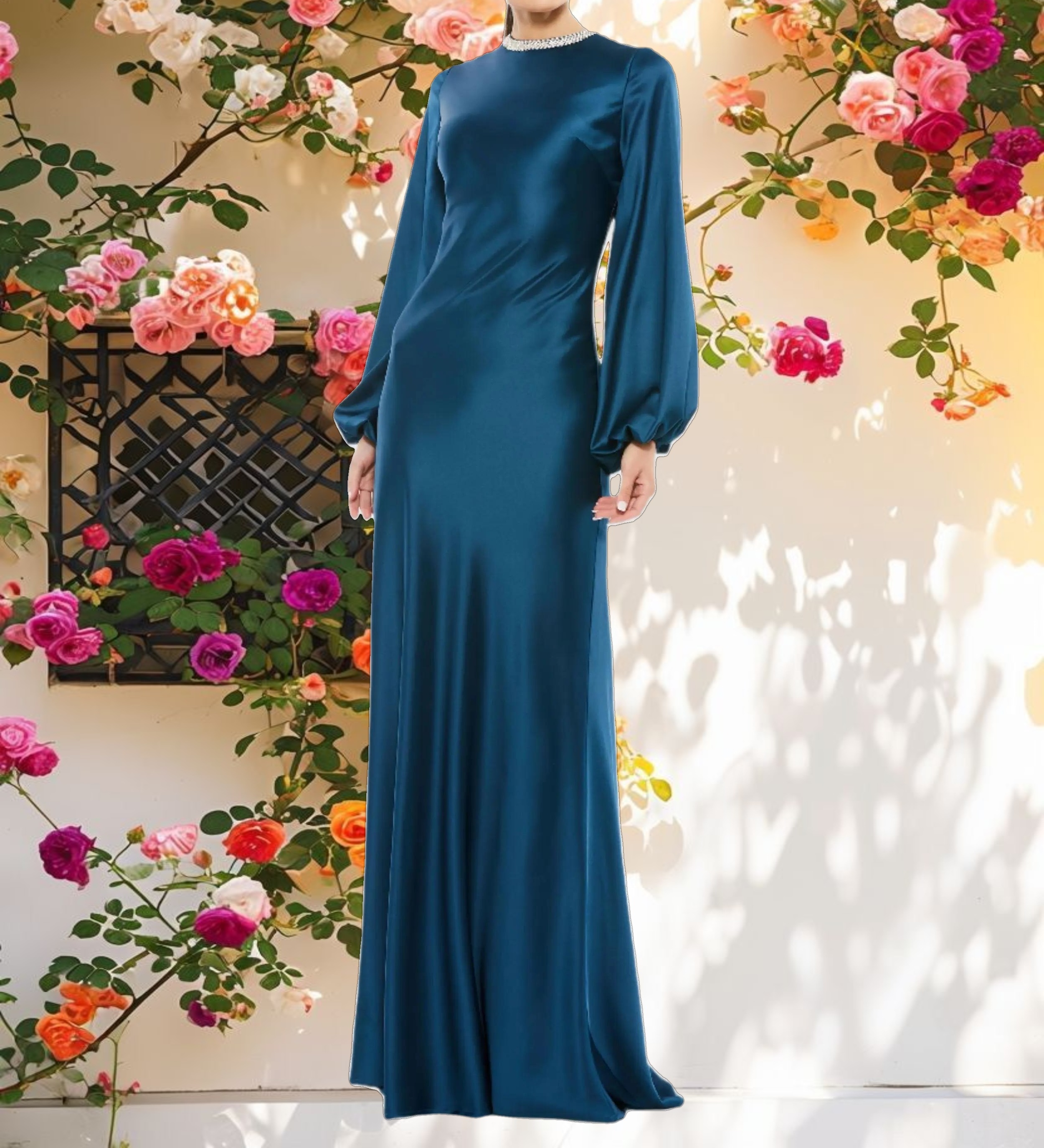 Blue Beaded High Neck Bishop Sleeve Satin Gown