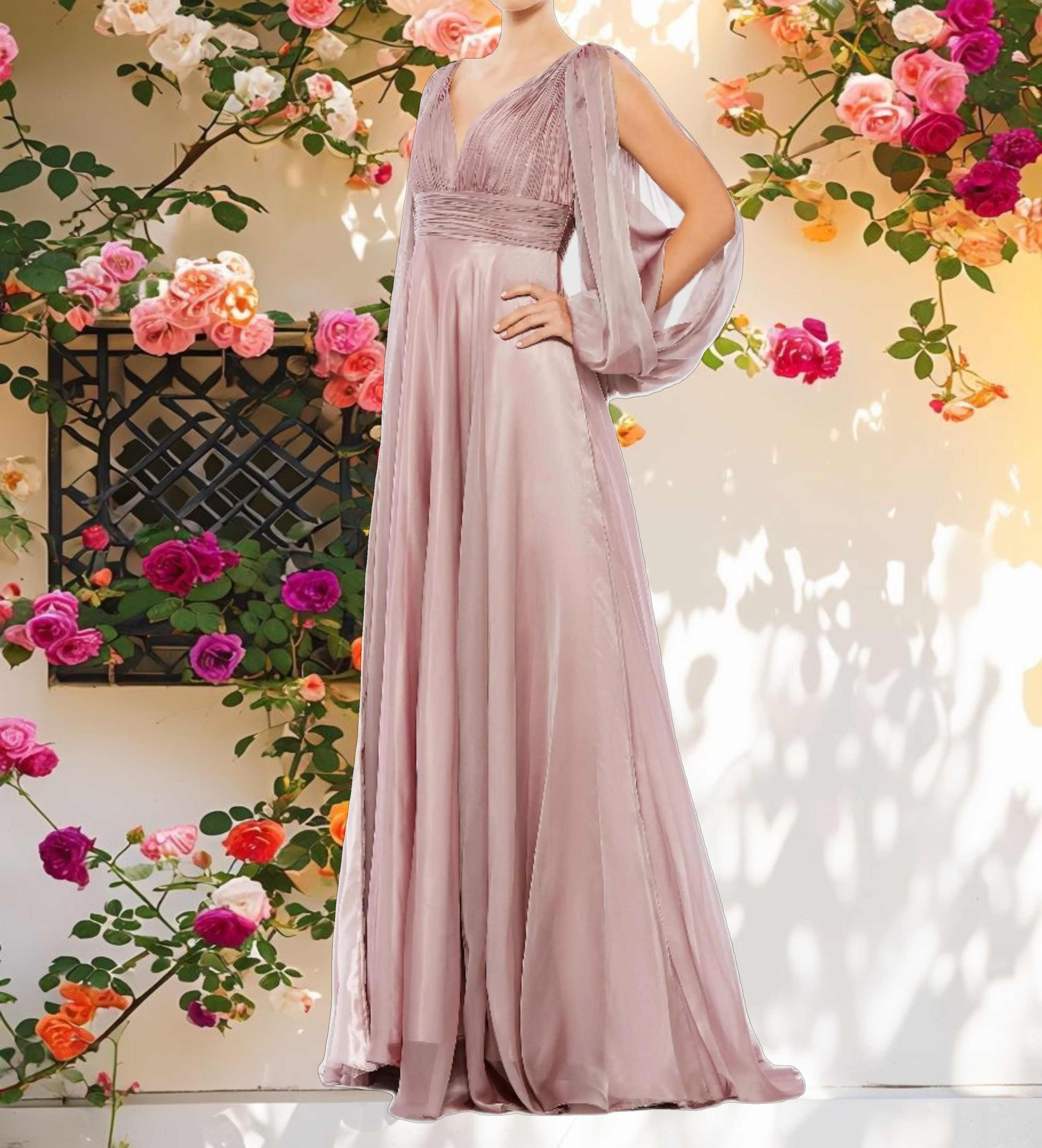 Chiffon Open Sleeve A Line Gown