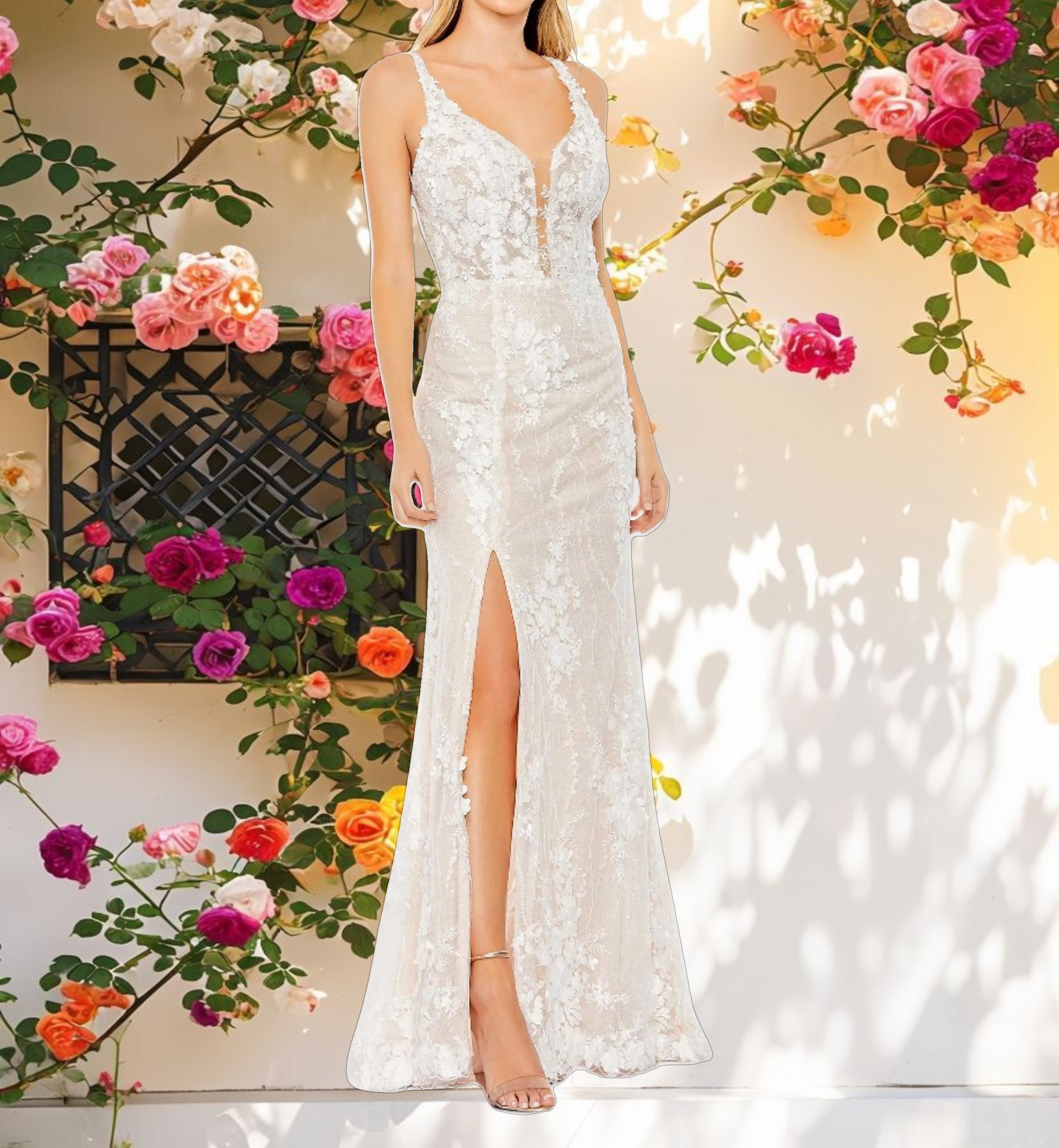 Glitter Floral Applique Sleeveless Mermaid Gown