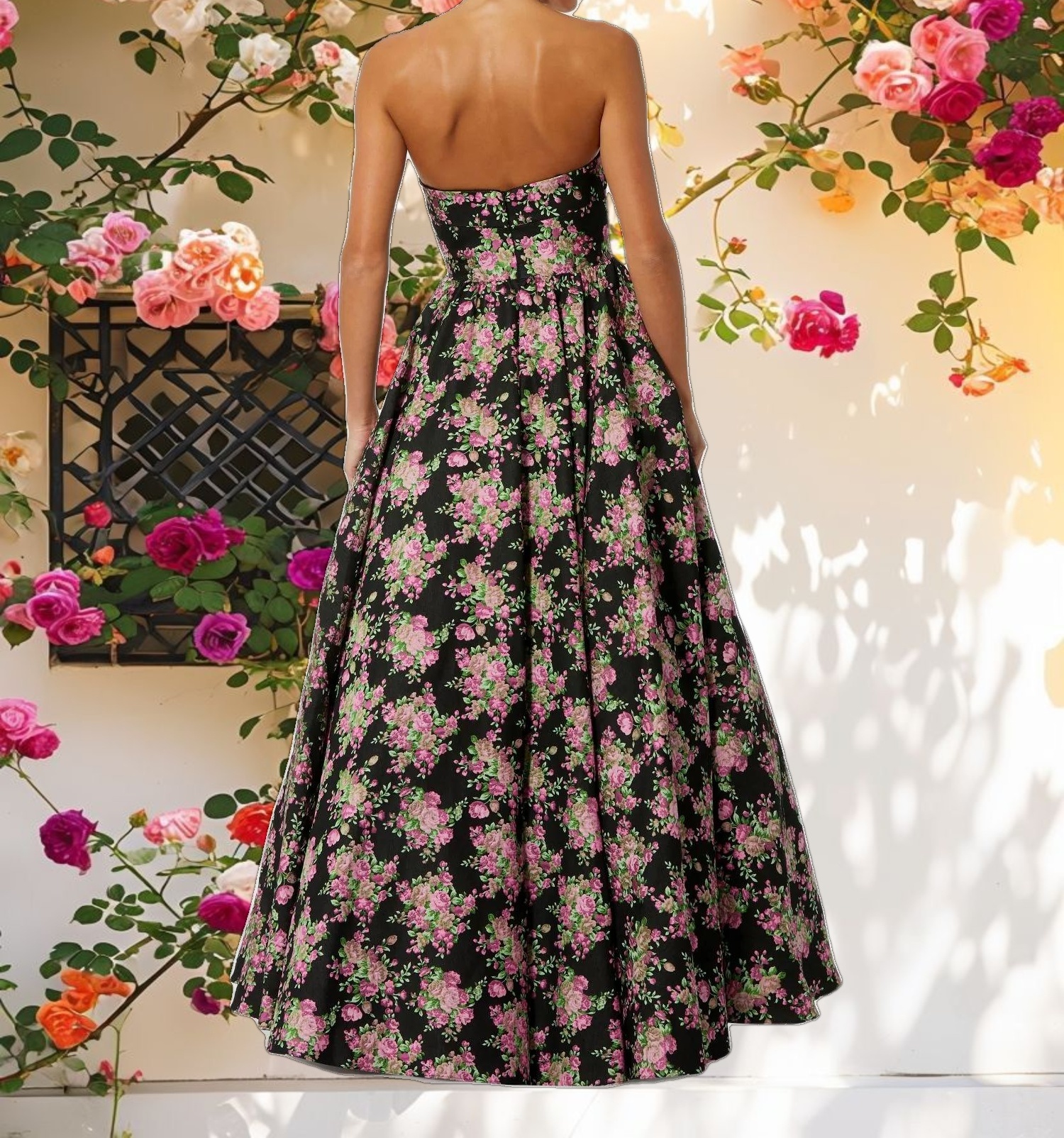 Black Strapless Sweetheart Brocade Floral A Line Gown