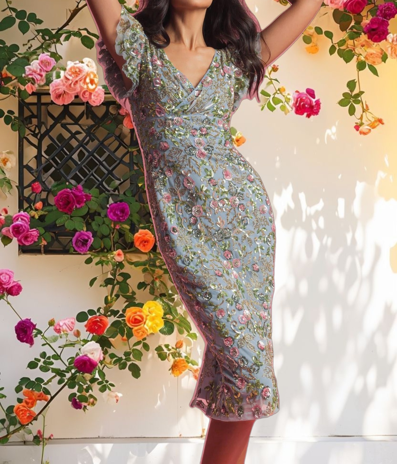 Floral Sequin Flutter Cap Sleeve Dress