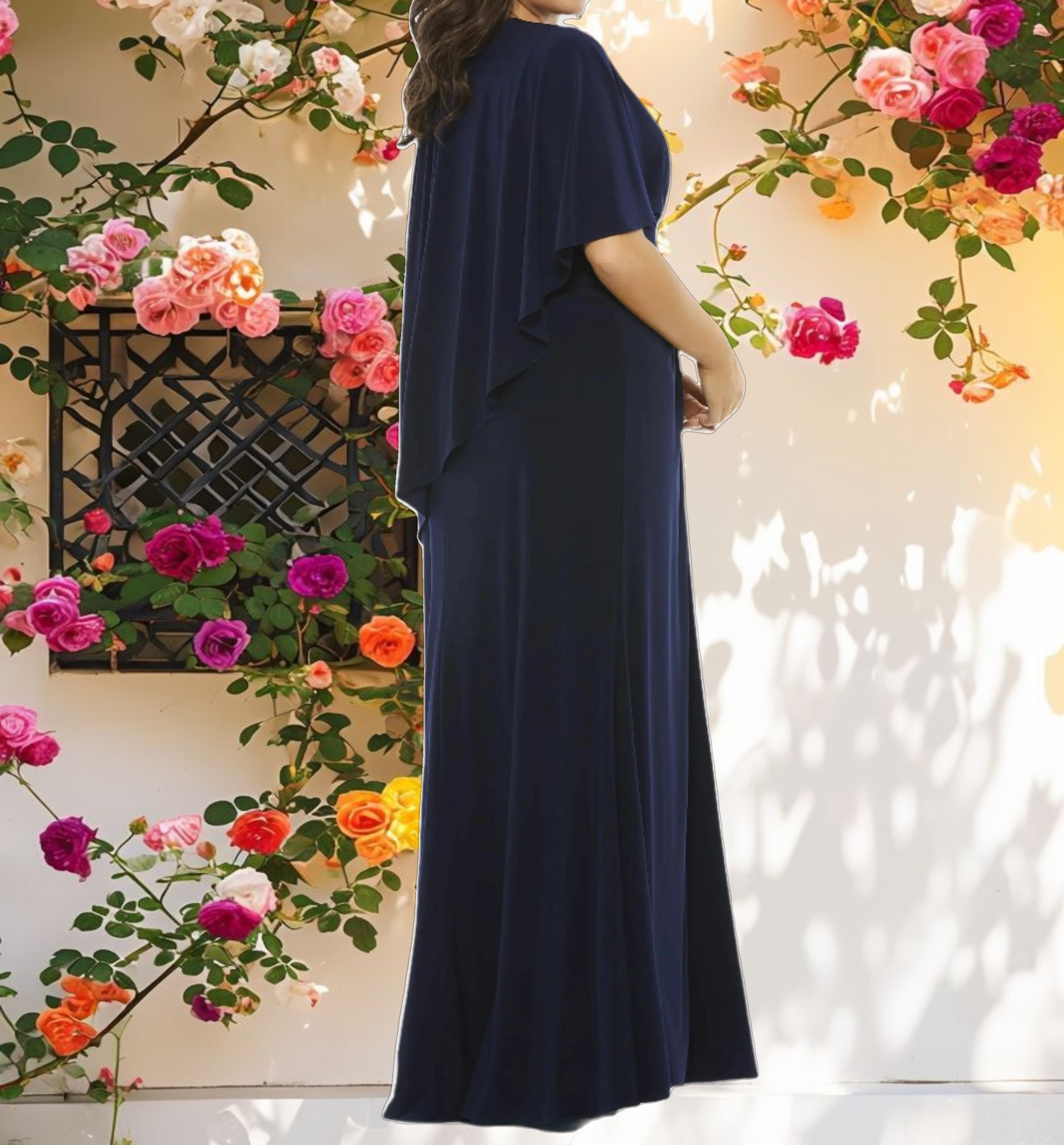 Navy Jersey Cape Sleeve A Line Gown (Plus)