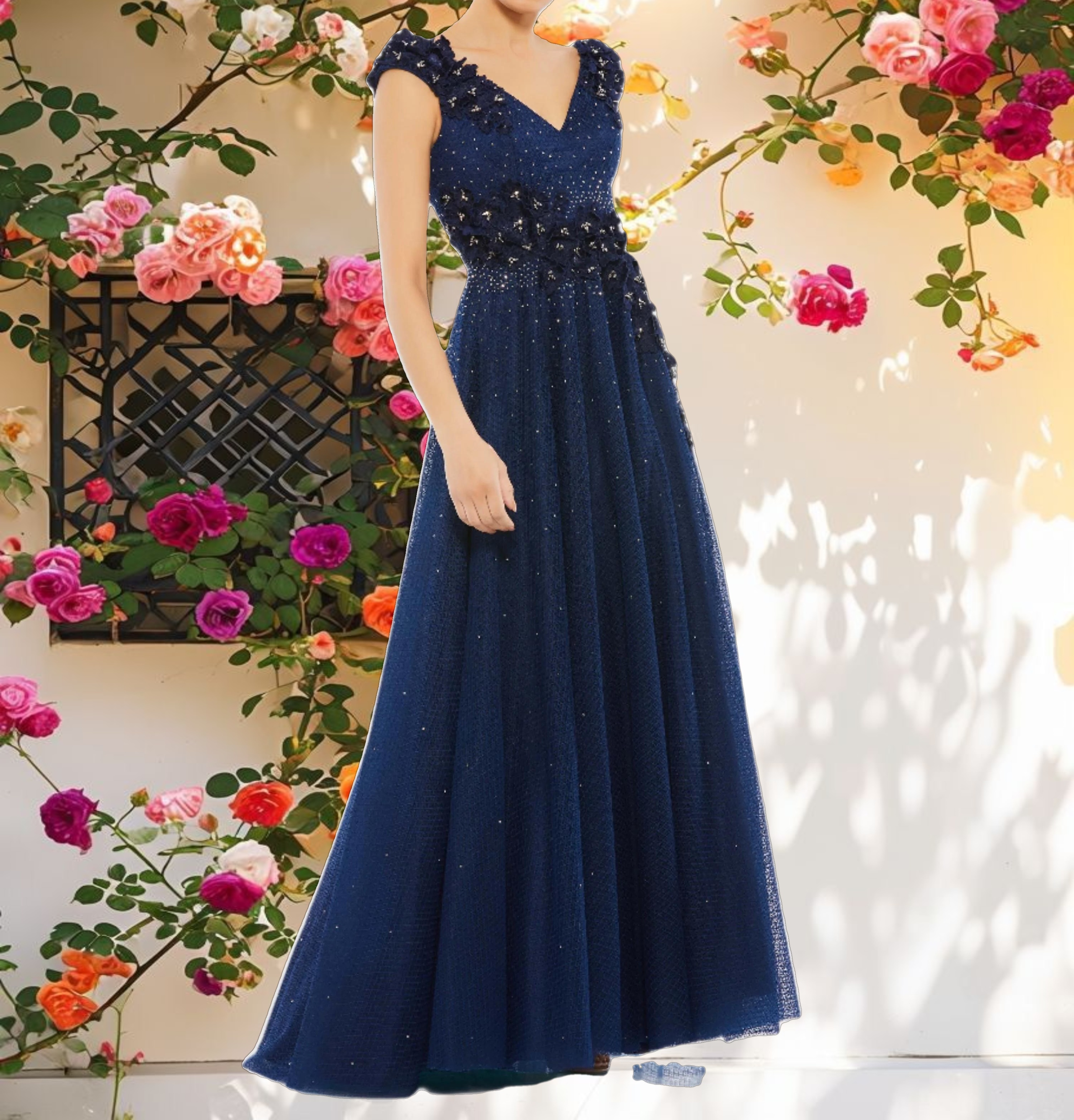 Floral Applique A Line Evening Gown