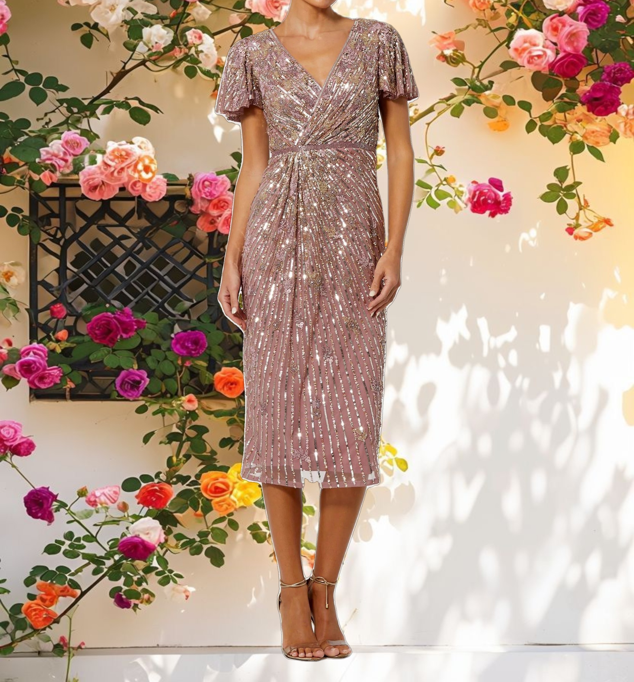 Embellished Faux Wrap Flutter Sleeve Dress