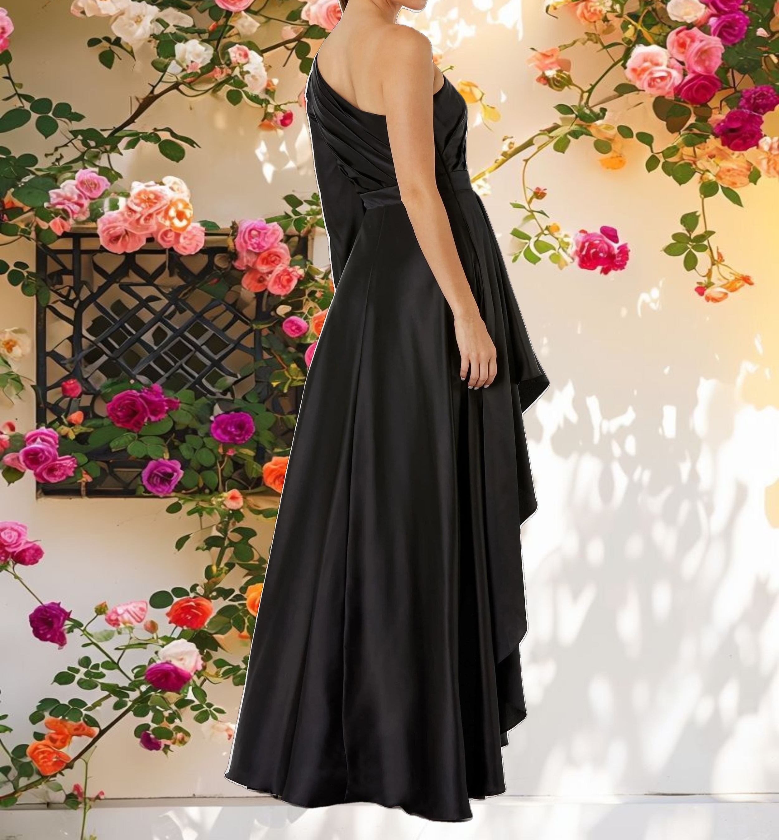 Black Long Sleeve One Shoulder Satin High Low A line Gown