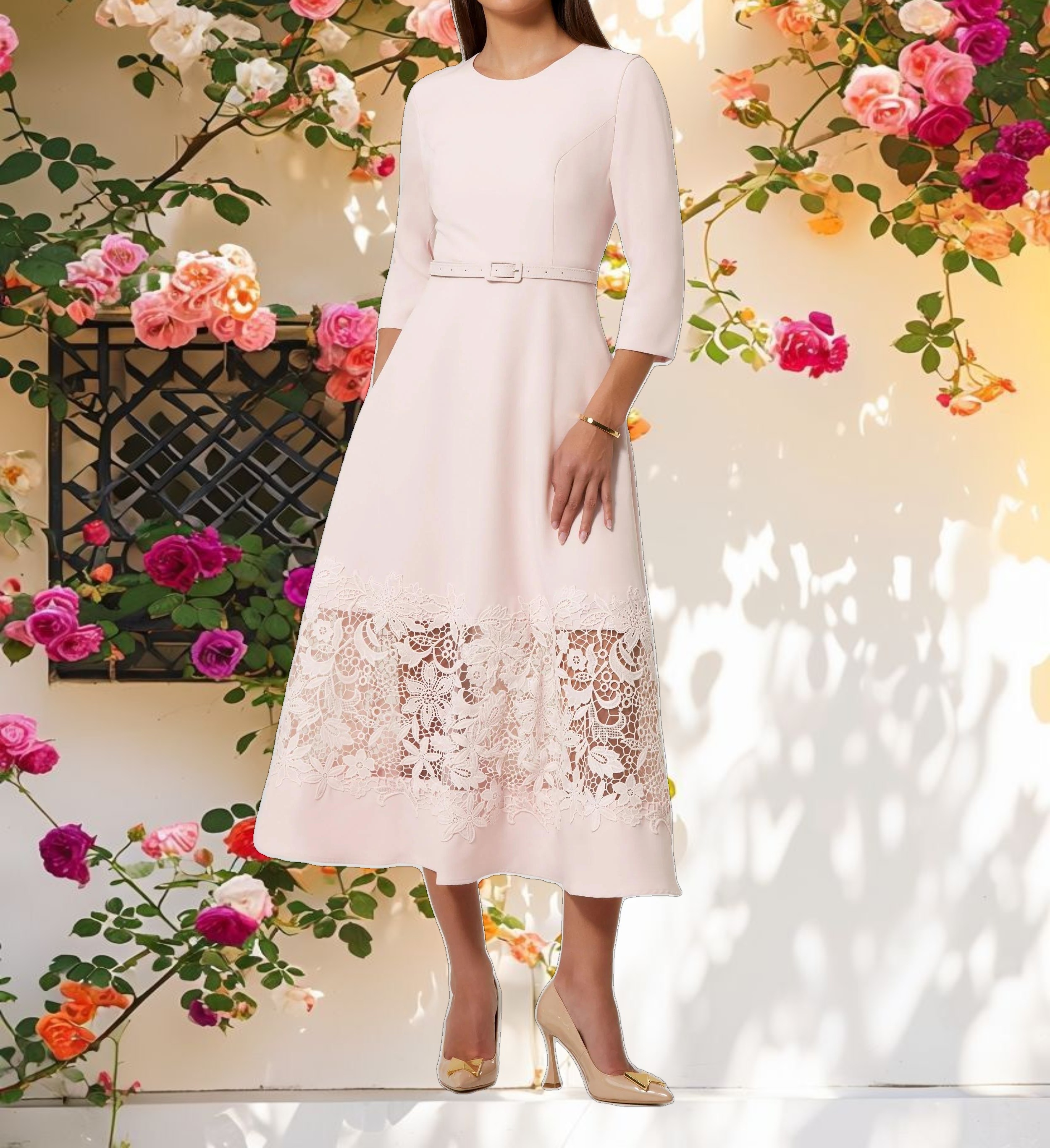 Pink Crepe Boat Neck Midi Dress With Applique Cut Out