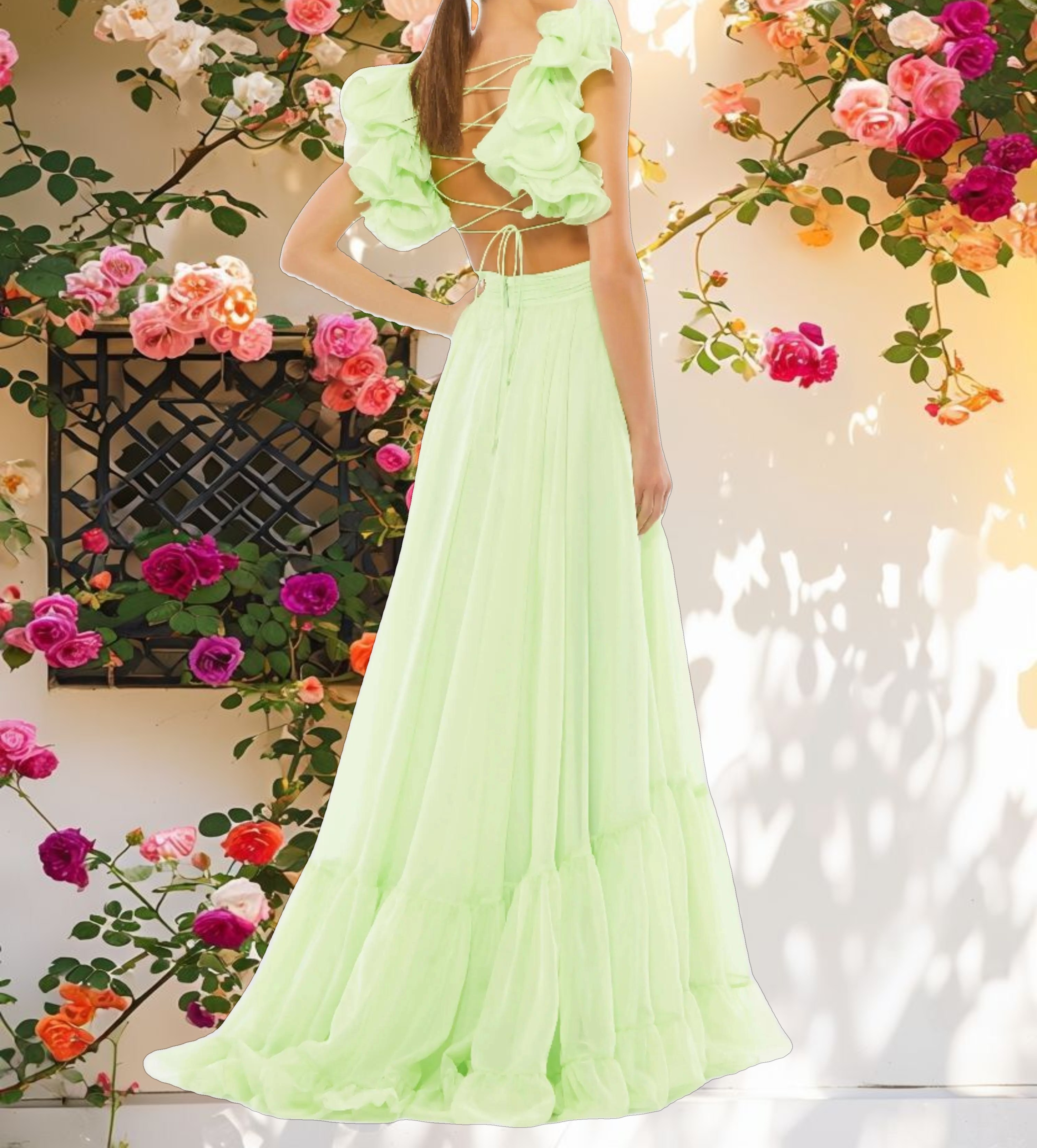 Ruffle Tiered Cut Out Chiffon Gown