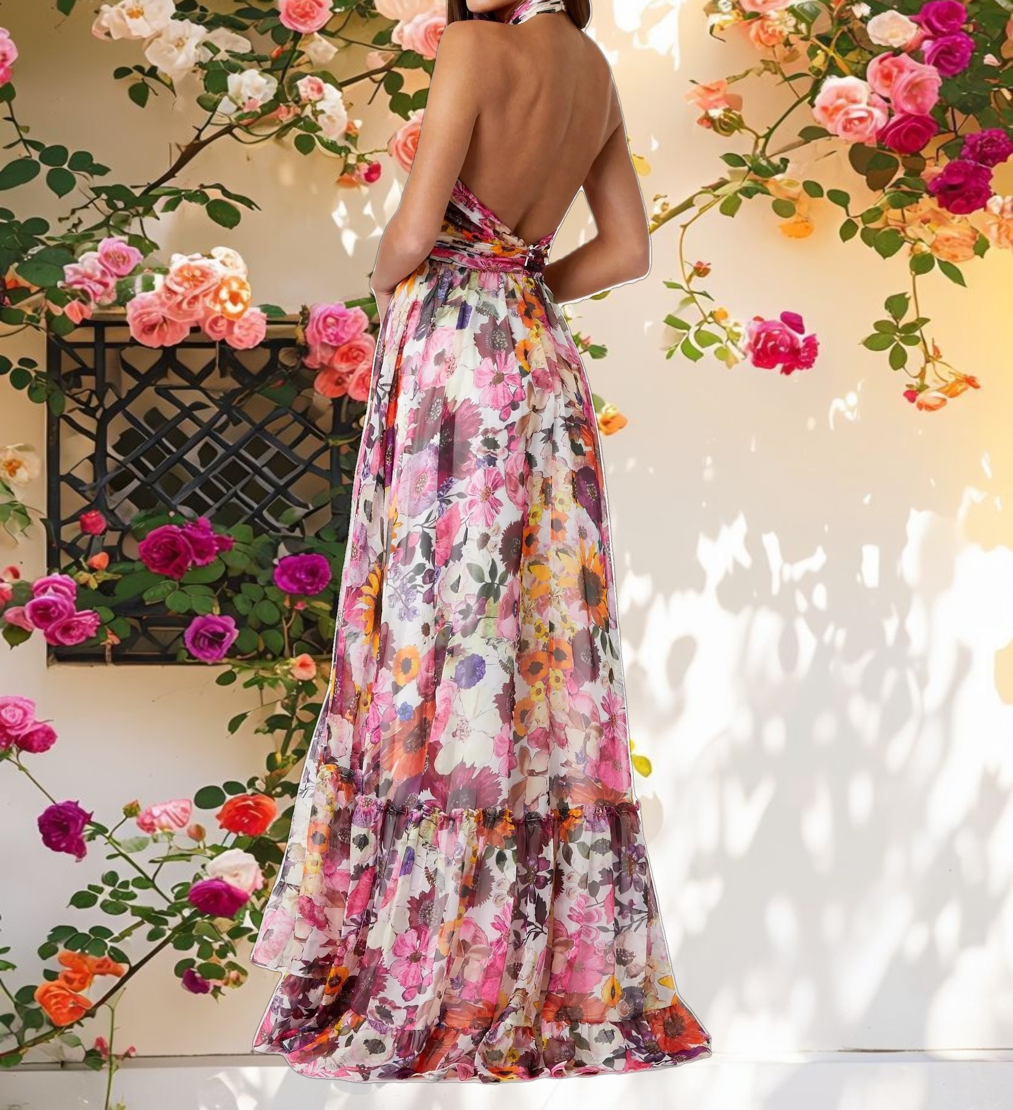 Multicolor Asymmetrical Ruffled Halter Floral Gown