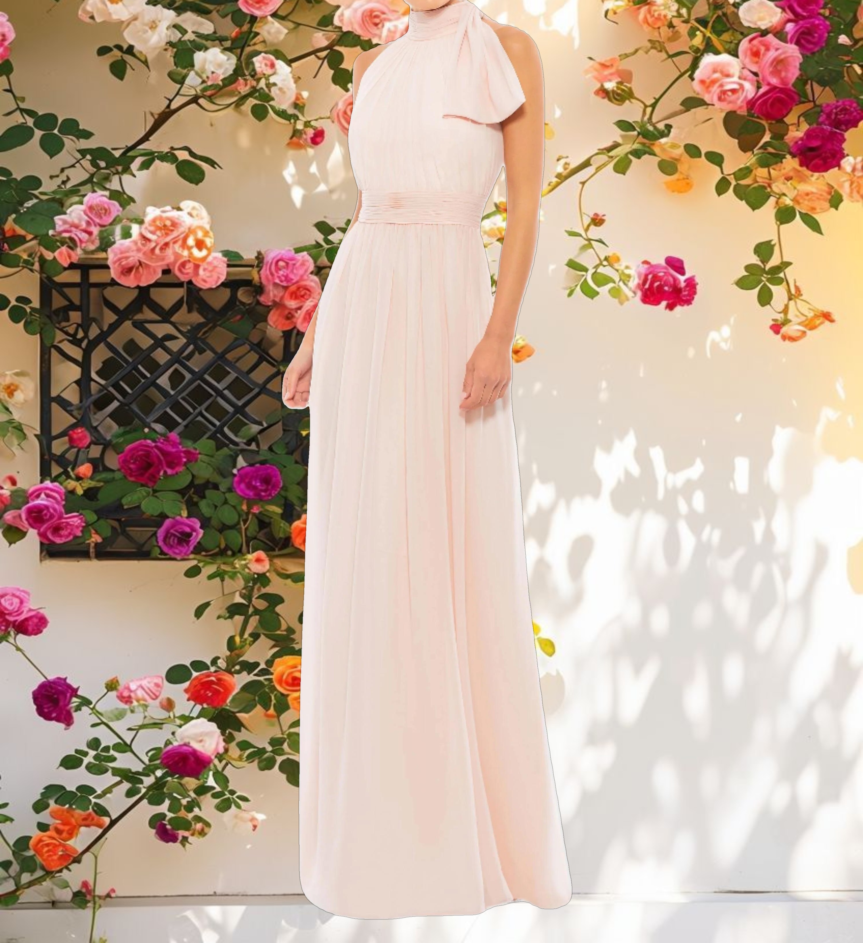 Pink High Neck Chiffon Gown