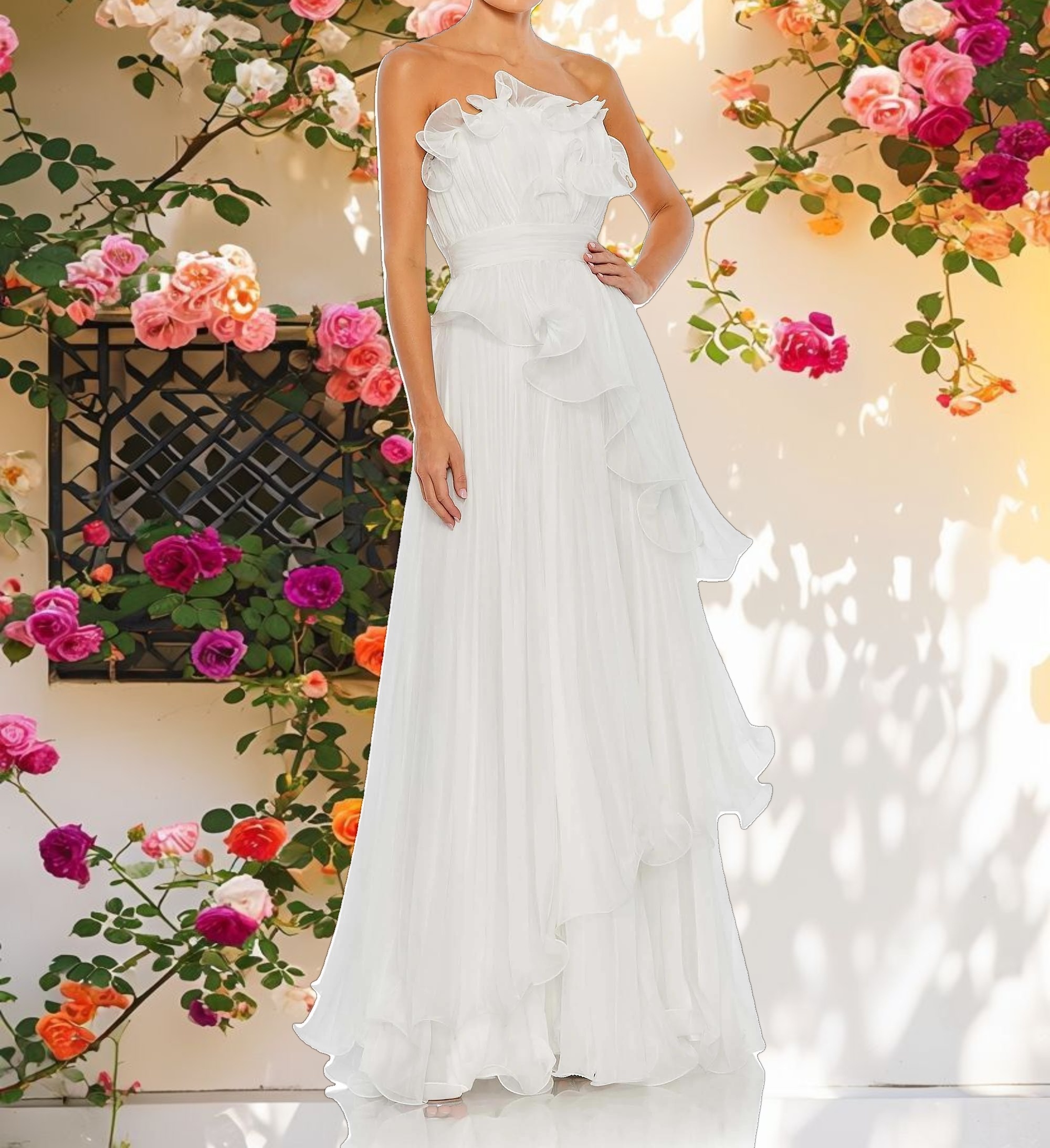 White Pleated Tiered Ruffled Strapless Gown