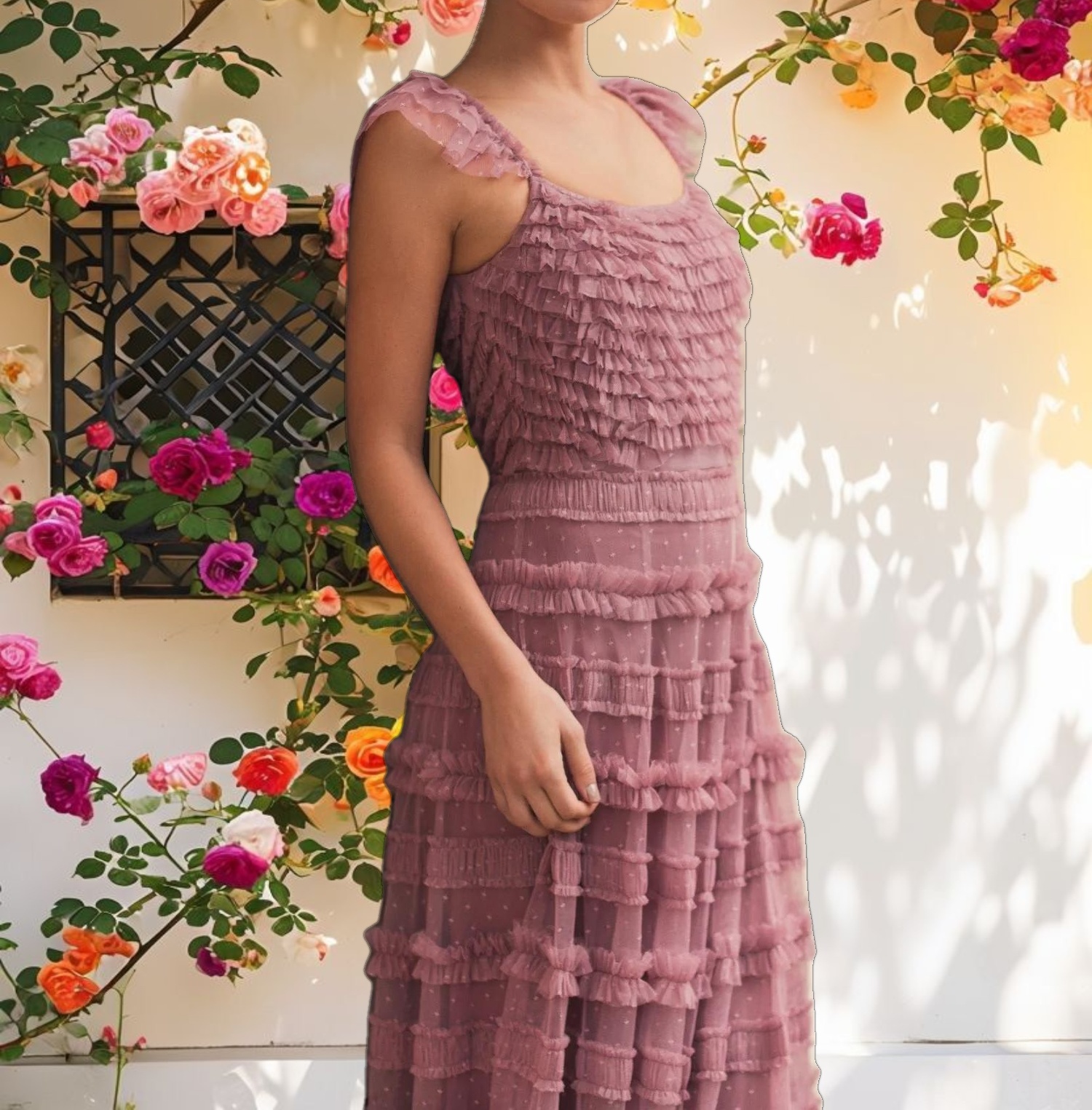 Pink Ruffle Cap Sleeve Tiered Gown