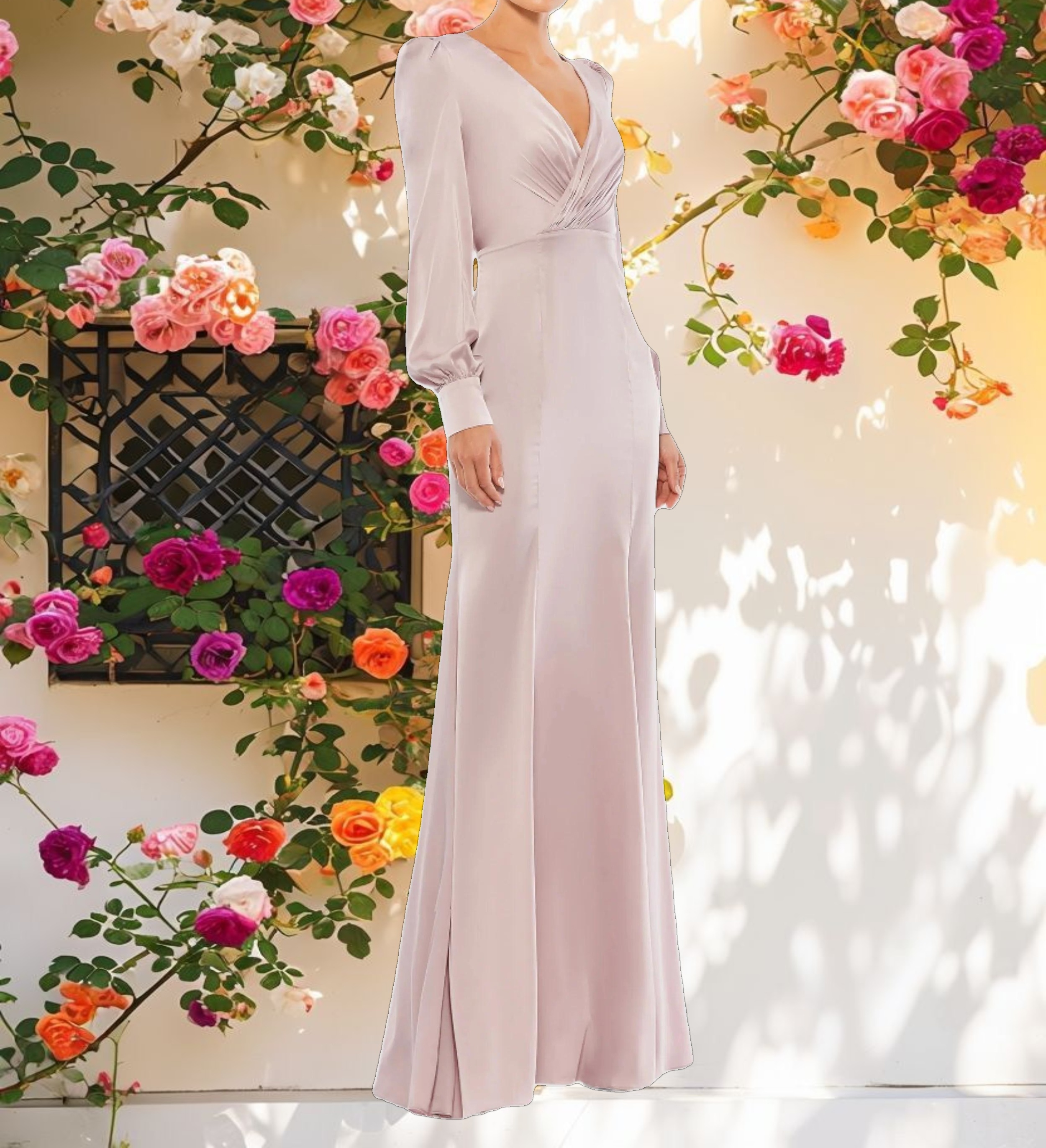 Pink Satin Ruched Bishop Sleeve Gown