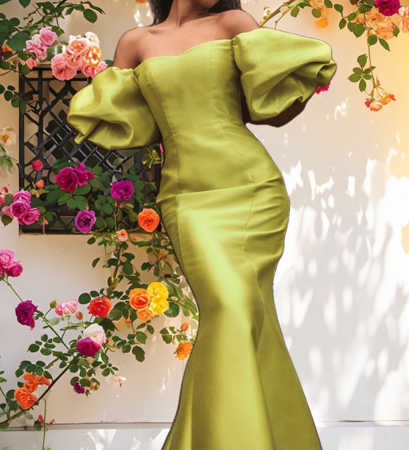 Green Sweetheart Off The Shoulder Puff Sleeve Gown