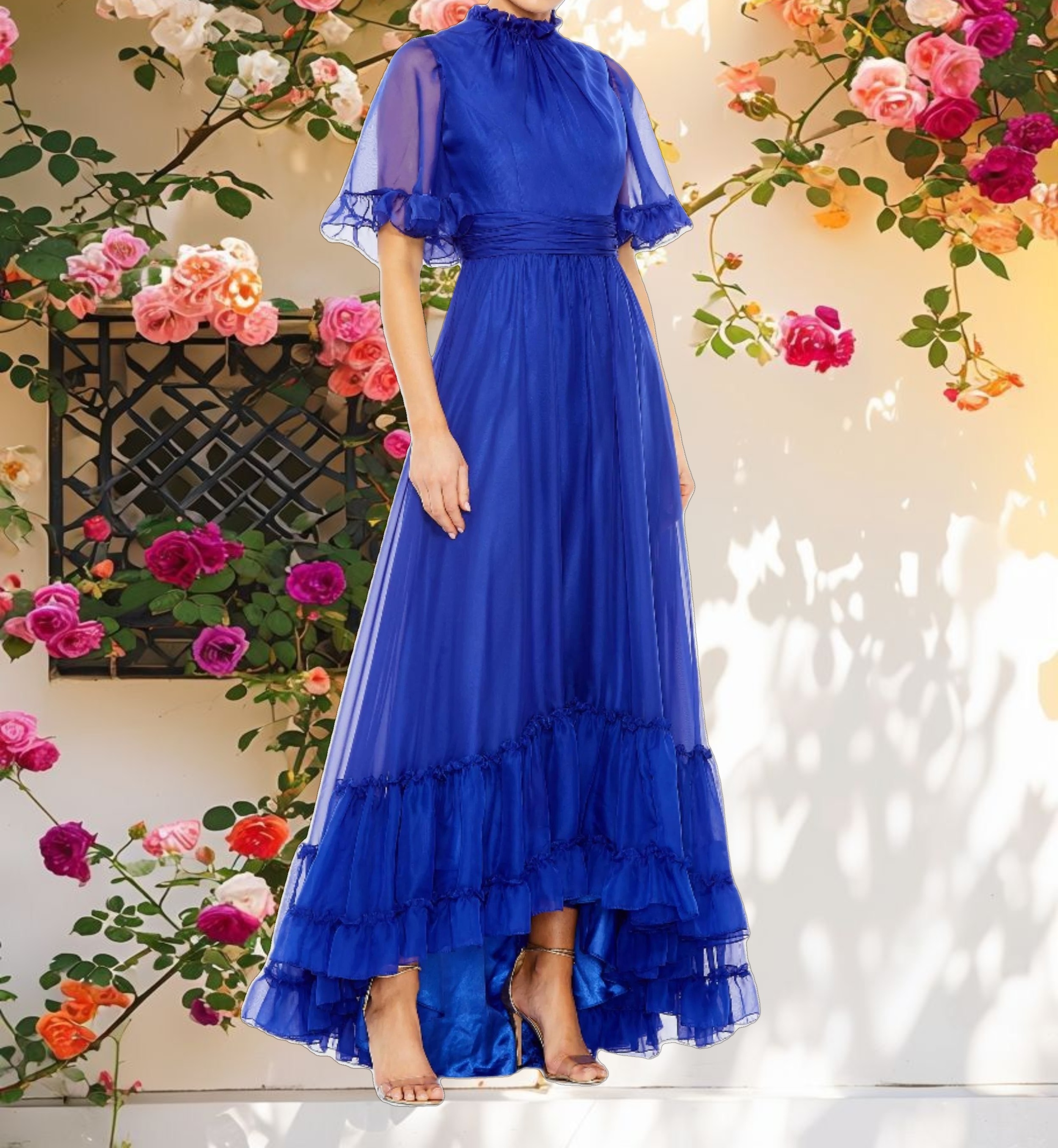 Ruffled Mock Neck Flutter Sleeve Gown