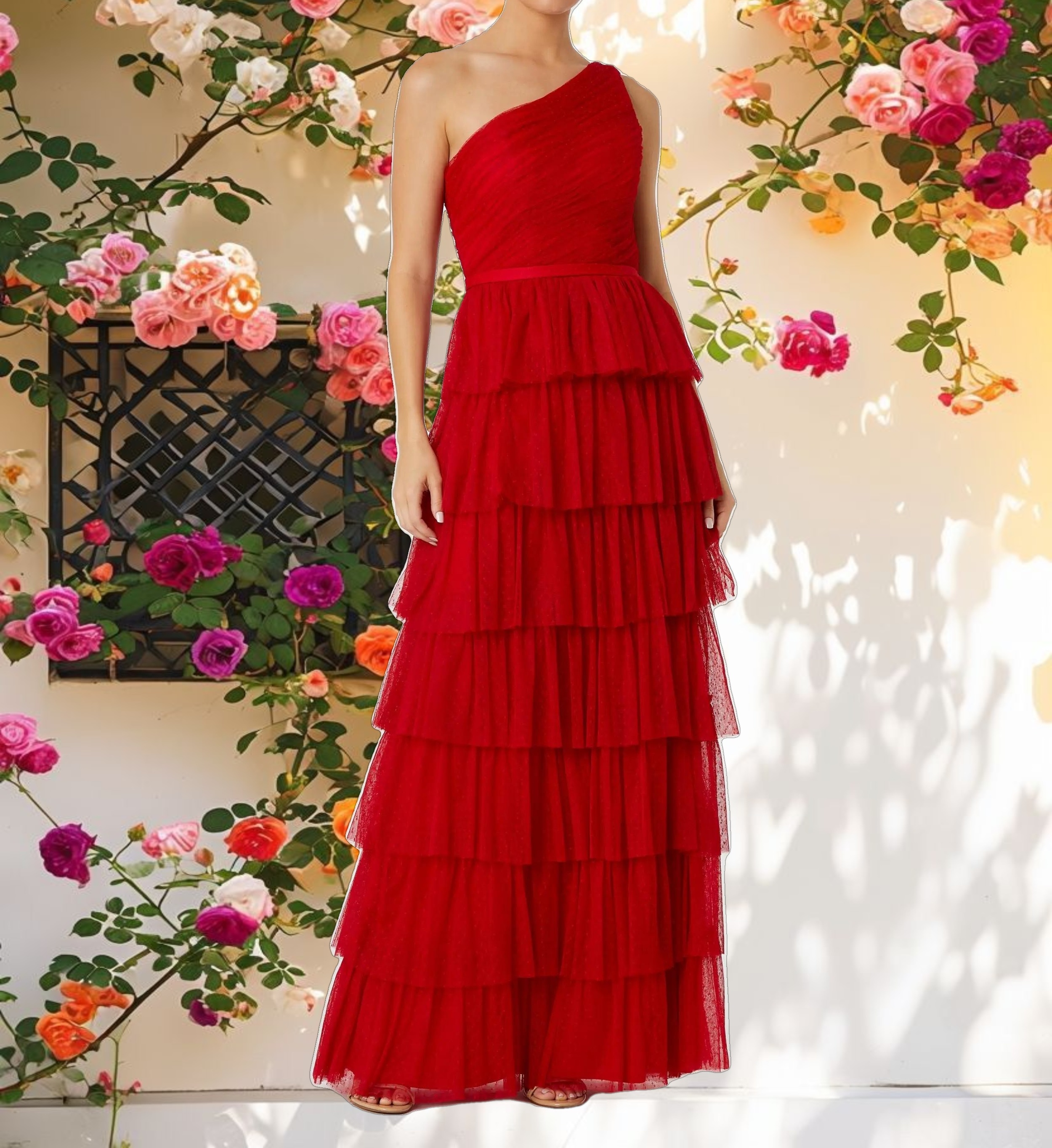 One Shoulder Layered Tiered Tulle Gown