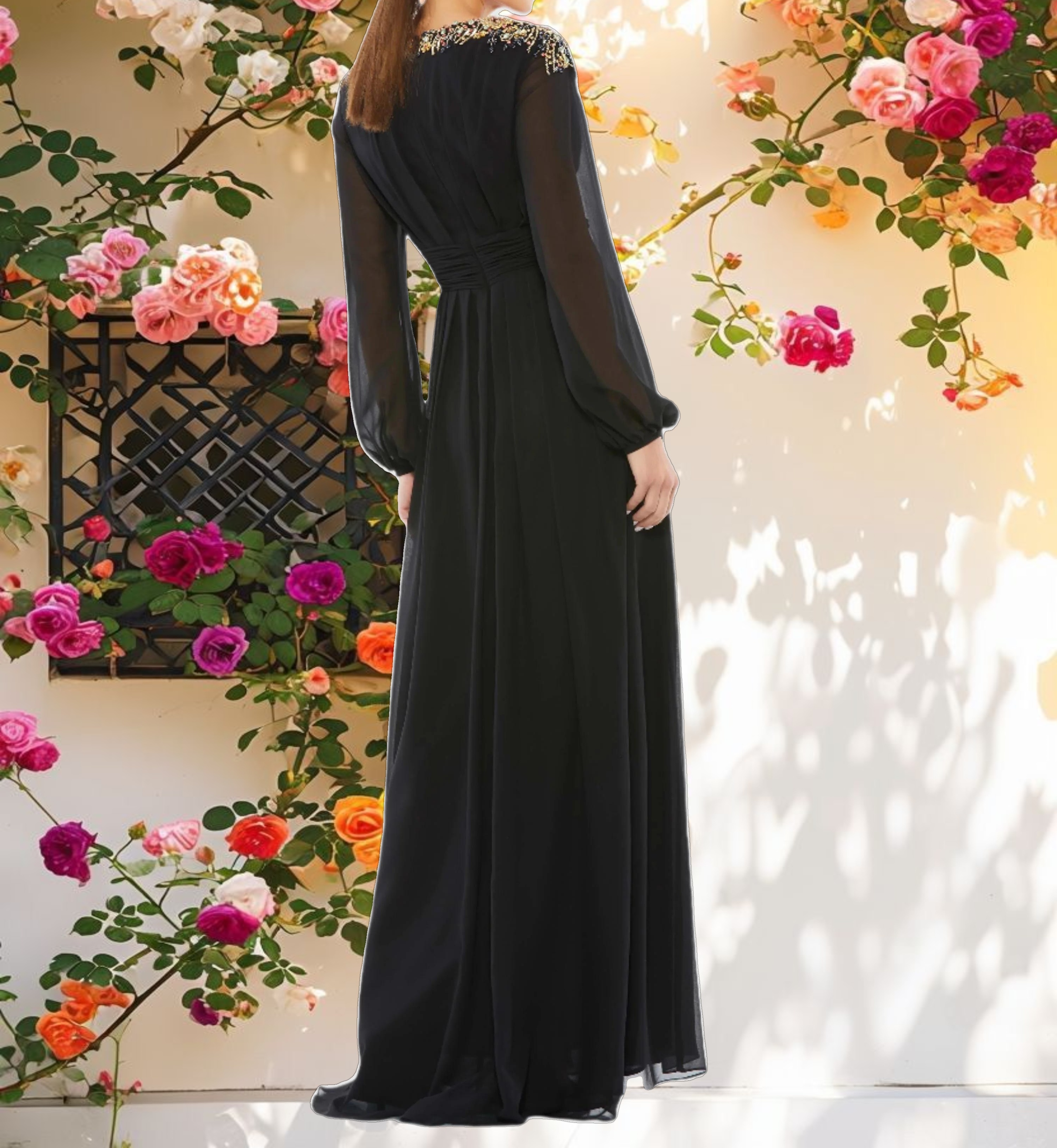 Black Embellished Shoulder Blouson Sleeve Evening Gown
