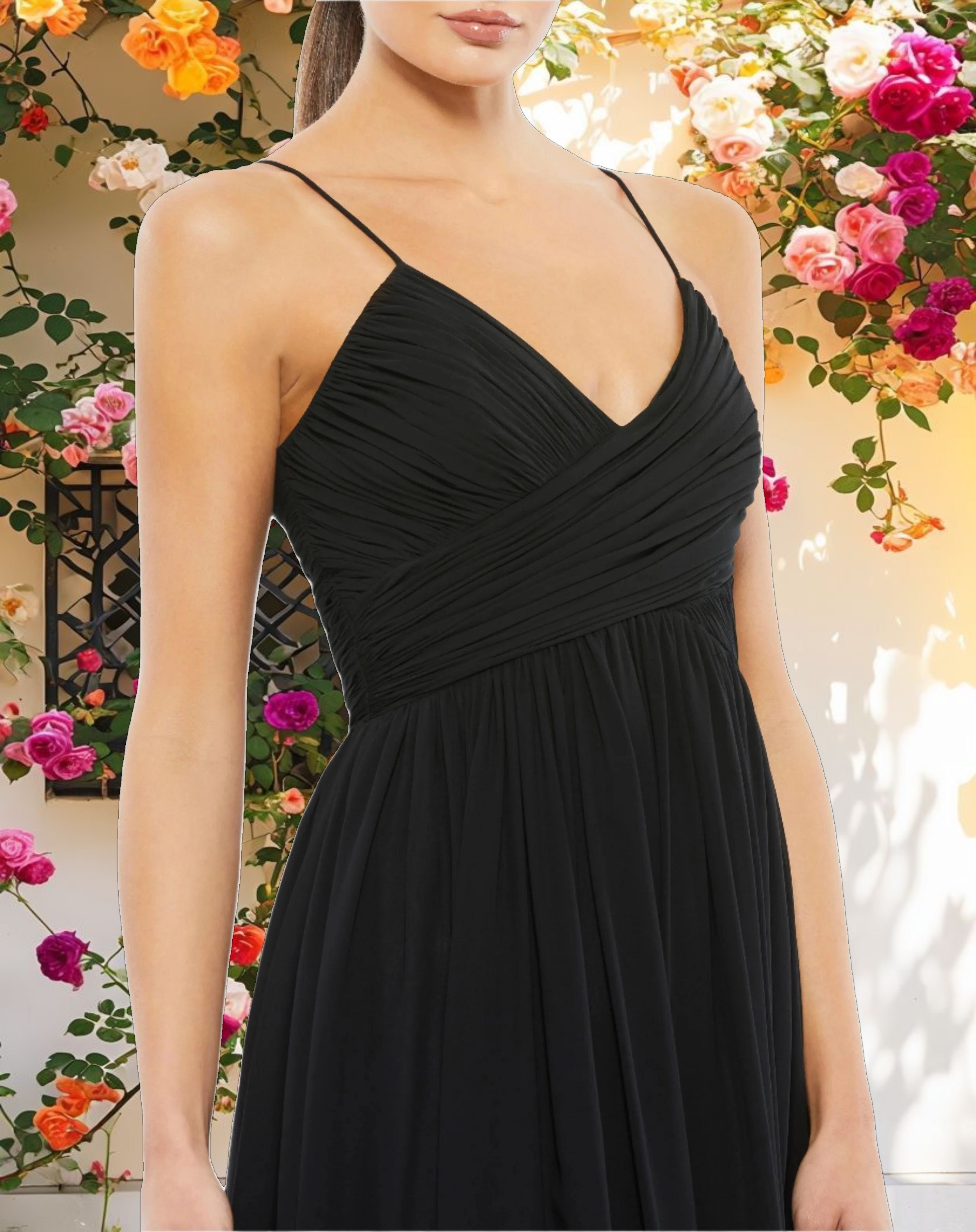 Black Faux Wrap Sleeveless Flowy Midi Dress
