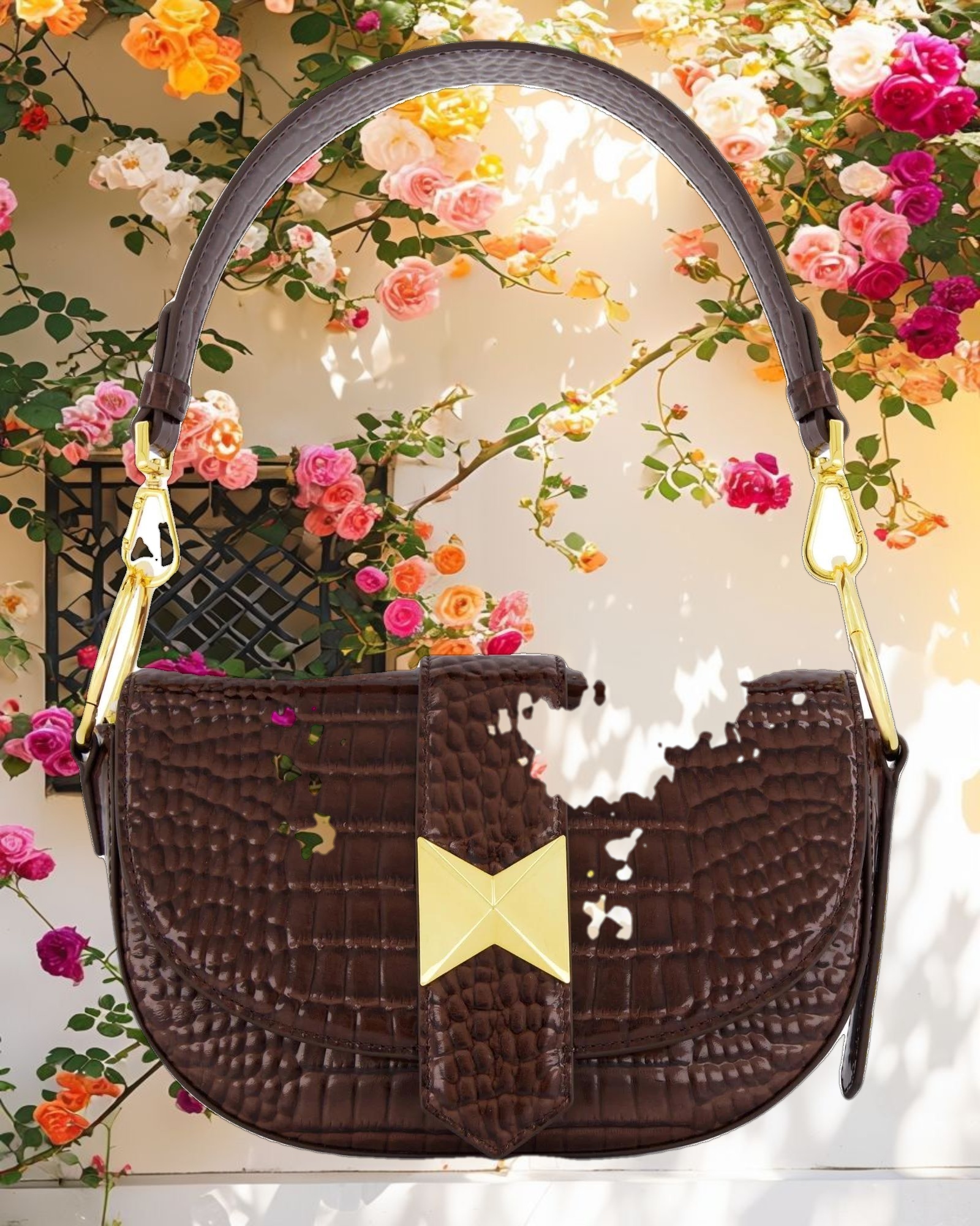 Crocodile Leather Saddle Bag With Gold Hardware