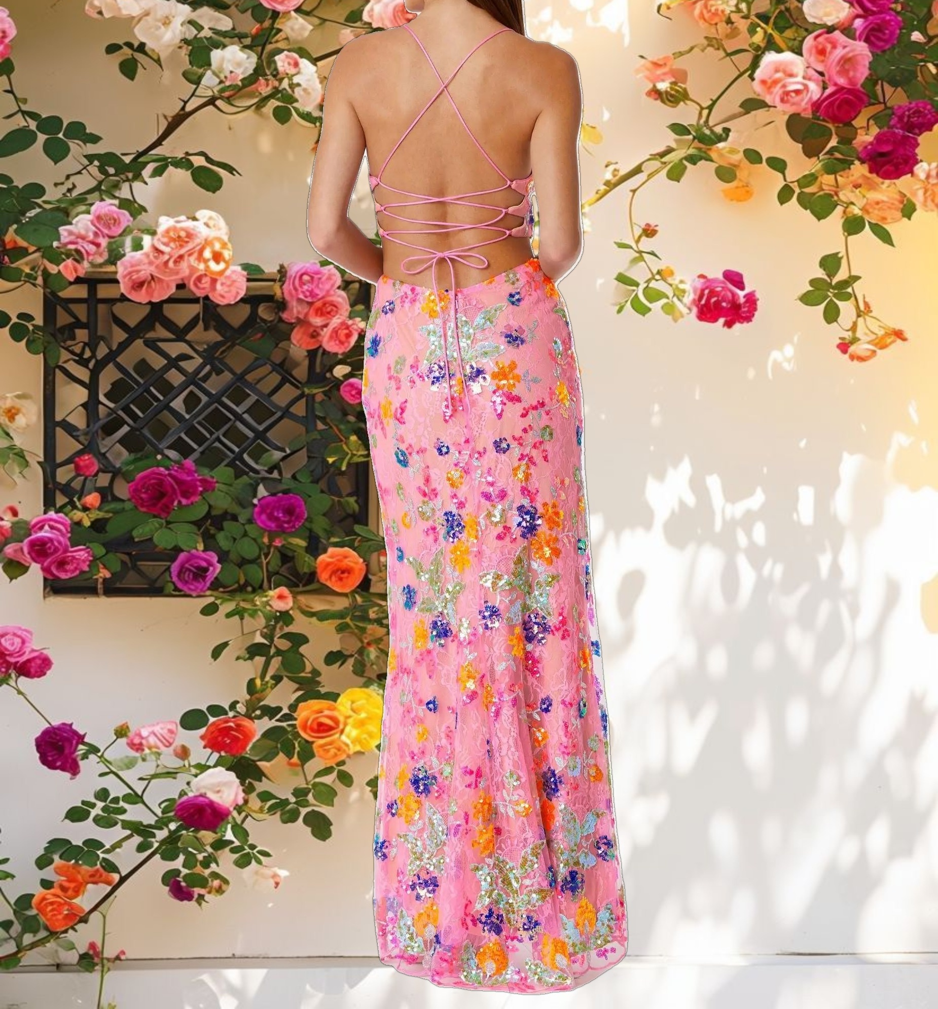 Pink Embellished Lace Strappy Column Gown