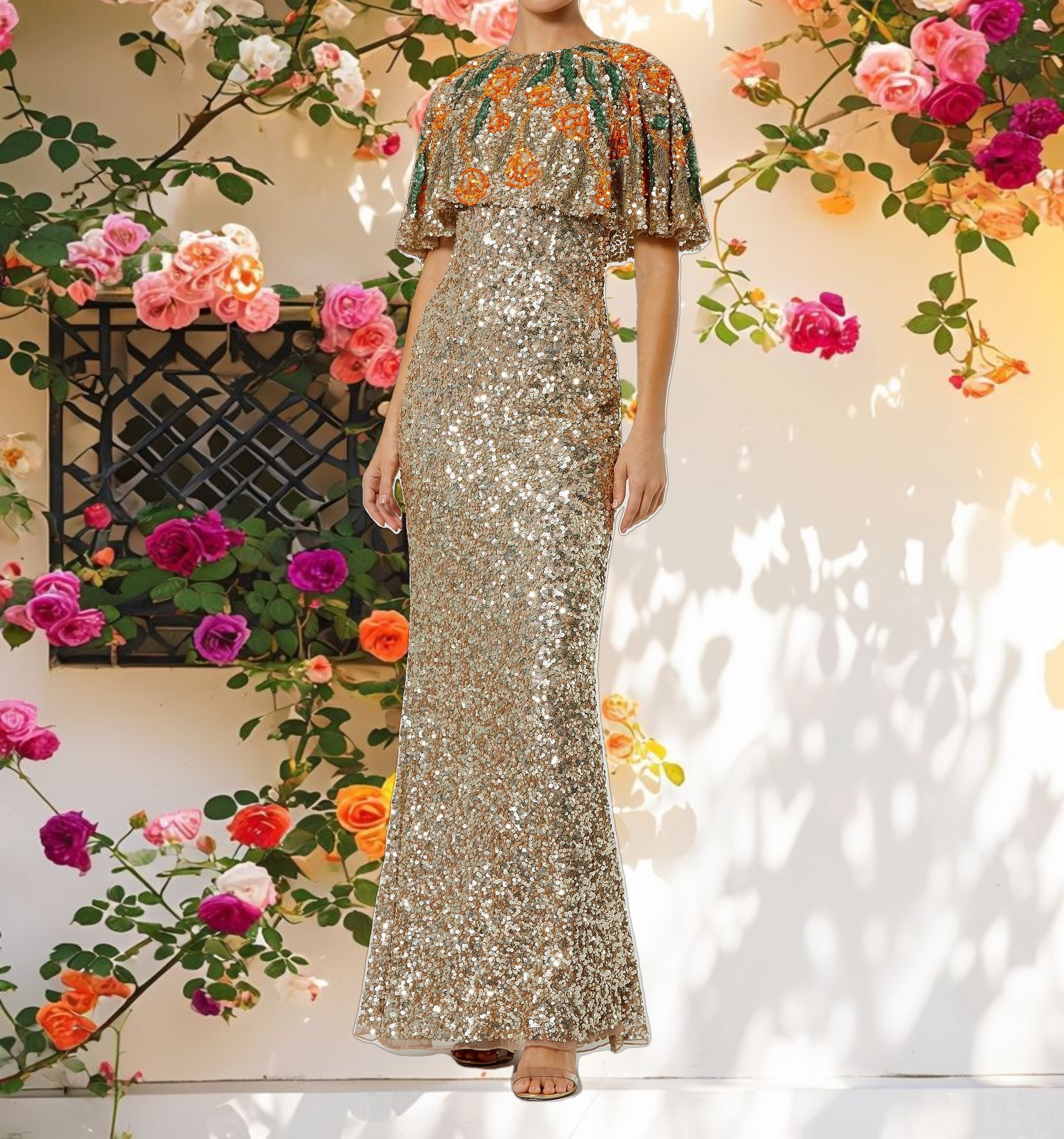 Gold Embellished Gown With Floral Beaded Shawl