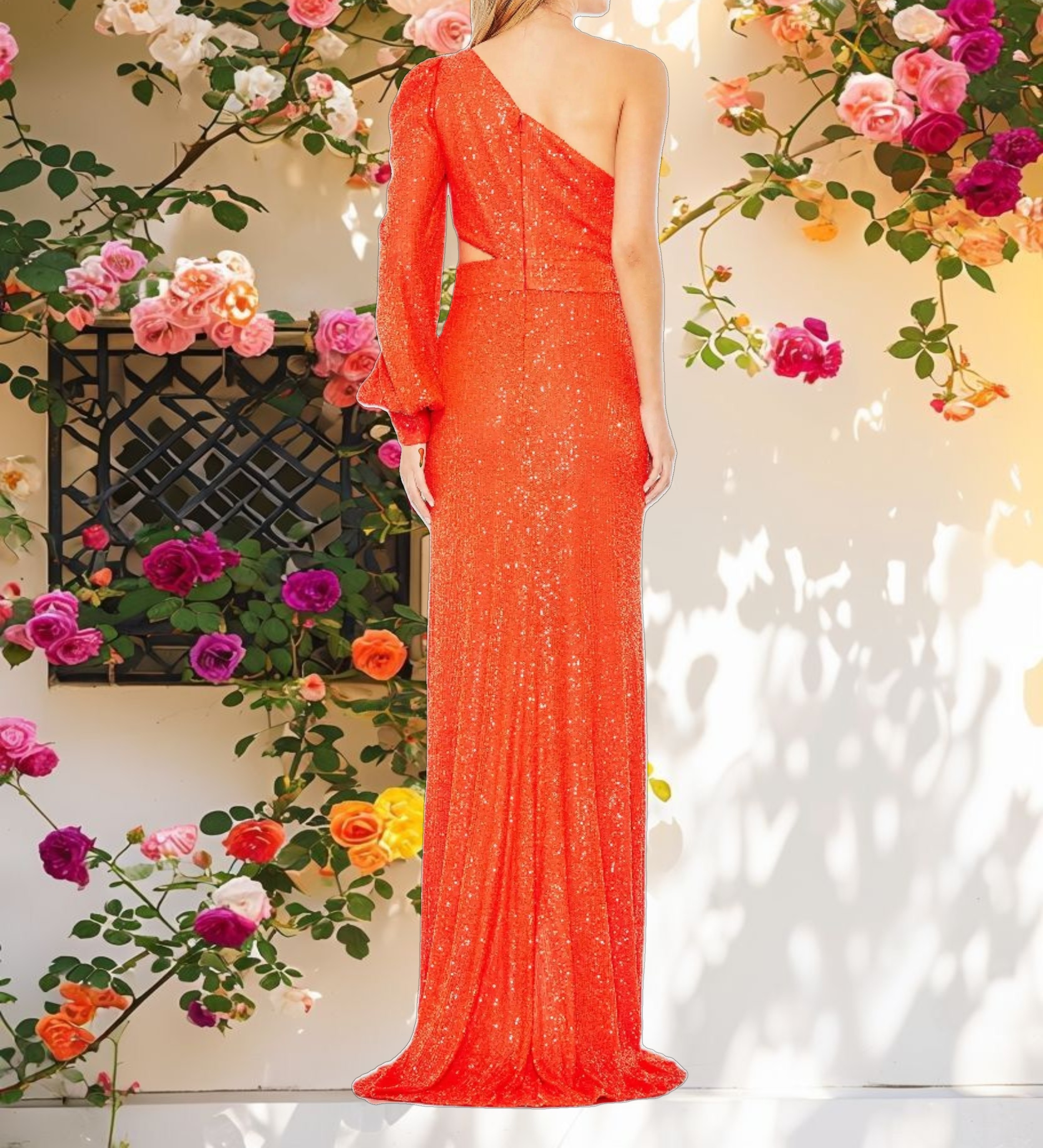 Orange Sequined One Shoulder Cut Out Gown