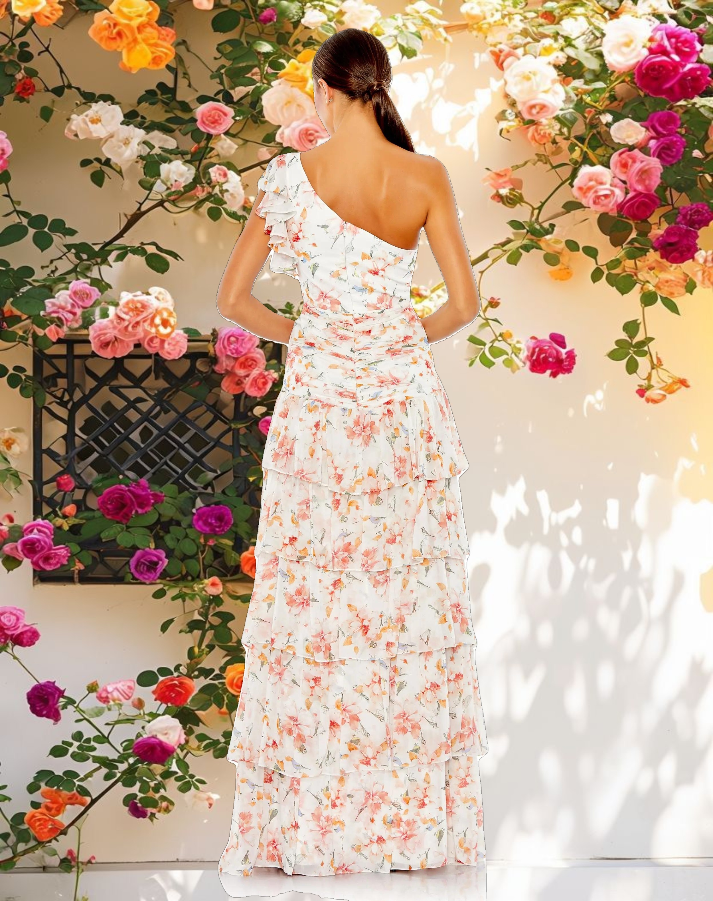 Floral Print Ruffle Tiered One Shoulder Gown